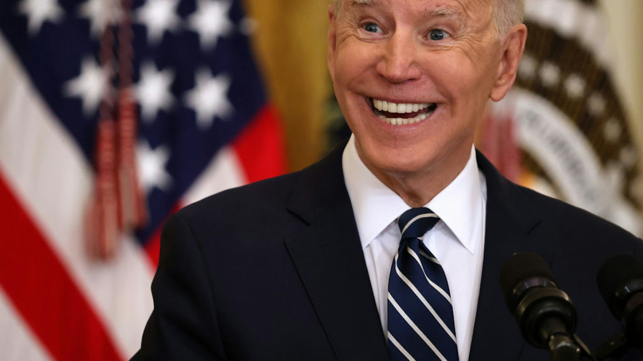 U.S. President Joe Biden talks to reporters during the first news conference of his presidency in the East Room of the White House on March 25, 2021 in Washington, DC.