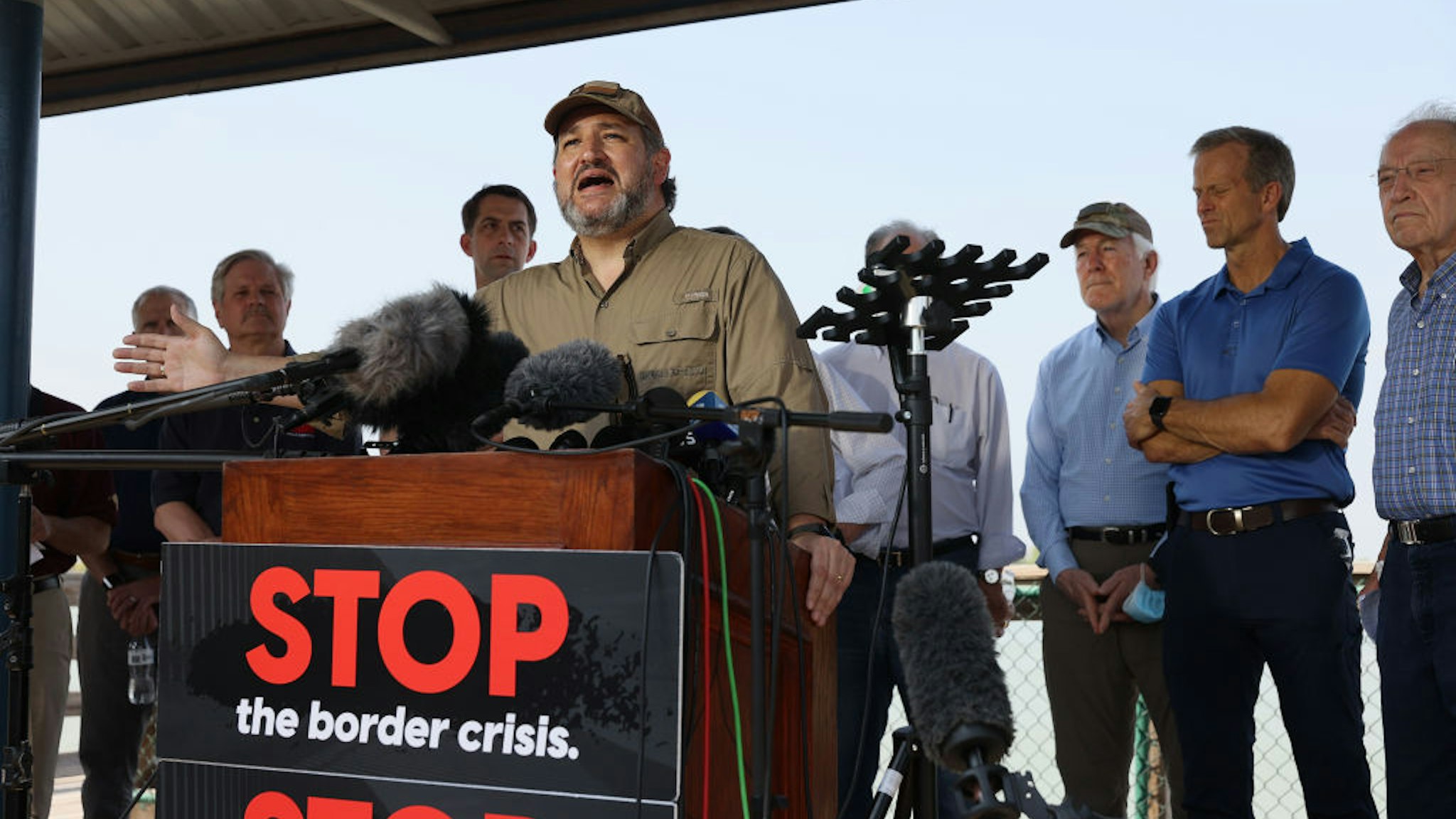 Sen. Ted Cruz (R-TX) speaks to the media after a tour of part of the Rio Grande river on a Texas Department of Public Safety boat on March 26, 2021 in Mission, Texas.