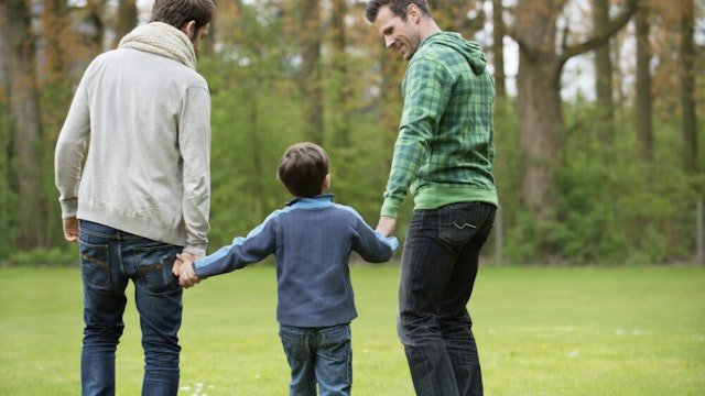 Rear view of a boy walking with two men in a park
