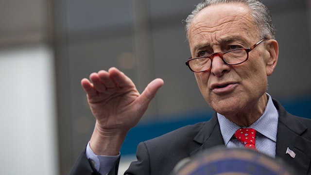 NEW YORK, NY - MAY 15: U.S. Senator Charles Schumer (D-NY) speaks at a press conference outside New York Penn Station calling for a greater funding and safety for U.S. railways on May 15, 2015 in New York City. The four point plan comes on the heels of an Amtrak train accident outside Philadelphia that killed 8 people and injured more than 200 others.