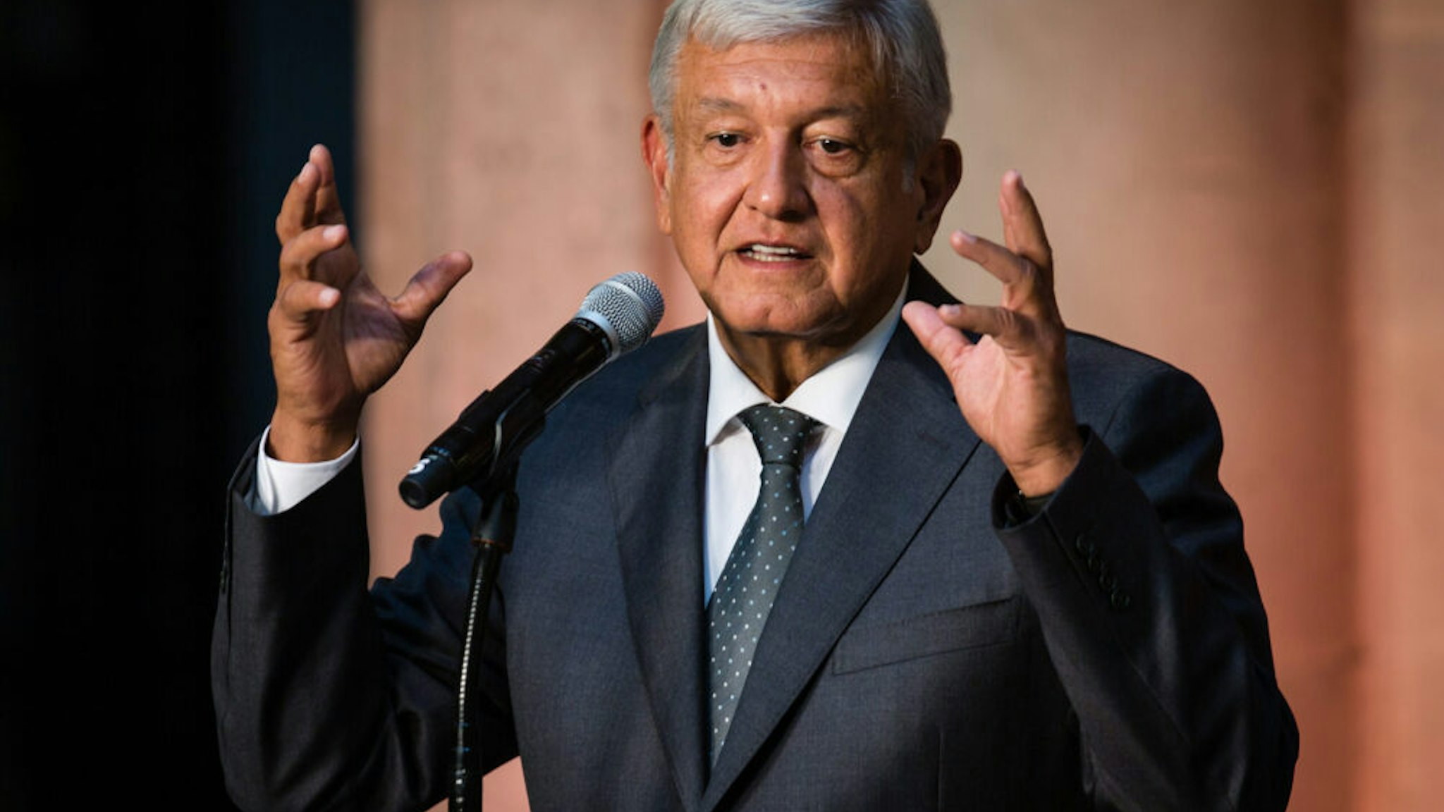 MEXICO CITY, MEXICO - JULY 03: Newly elected President of Mexico, Andres Manuel Lopez Obrador, speaks during a press conference after a private meeting with Outgoing President Enrique Peña Nieto as part of the government transition at Palacio Nacional on July 3, 2018 in Mexico City, Mexico. President elect Andres Manuel Lopez Obrador won the Mexican elections by 53% and will assume office on December 1st, 2018.