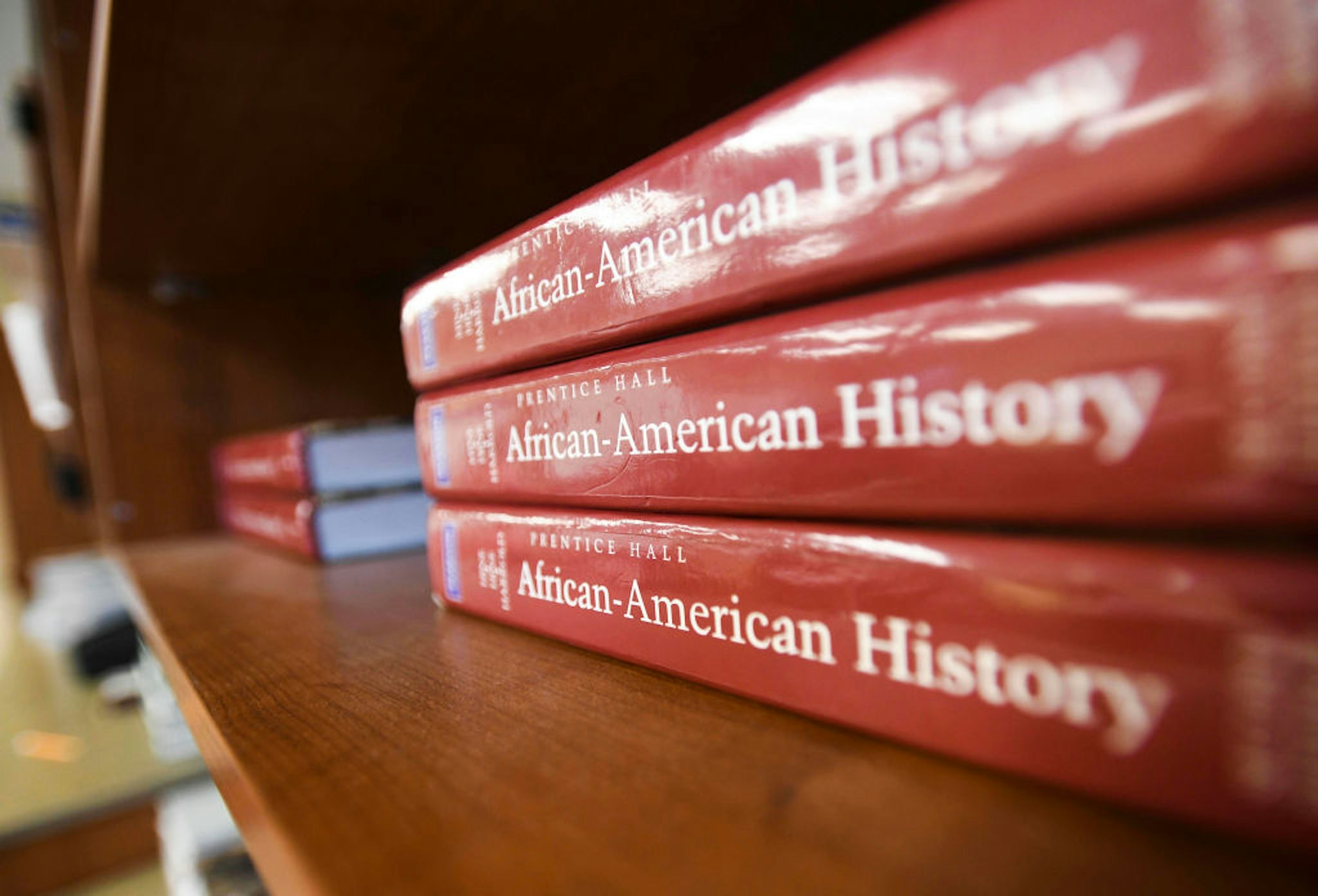 BIRMINGHAM, AL - APRIL 8: An Africa-American textbook sits on the shelf in an advanced placement social studies class at Huffman High School in Birmingham, Ala., on April 8, 2019.
