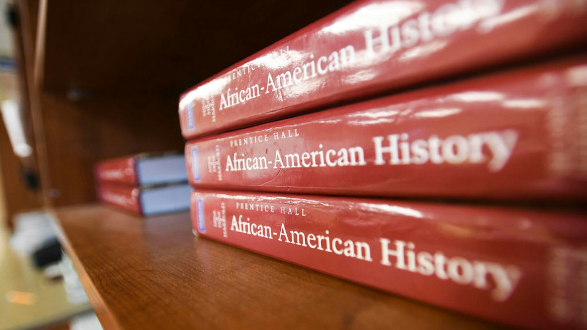 BIRMINGHAM, AL - APRIL 8: An Africa-American textbook sits on the shelf in an advanced placement social studies class at Huffman High School in Birmingham, Ala., on April 8, 2019.