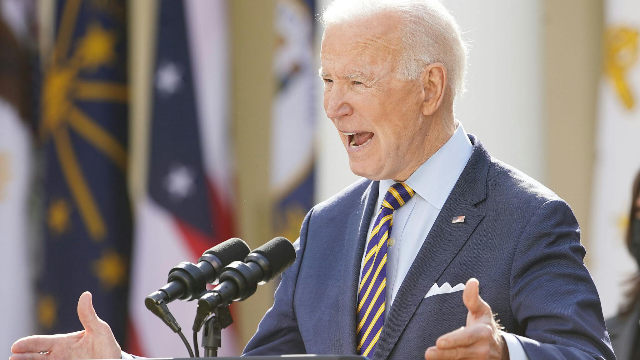 President Biden Delivers Remarks On American Rescue Plan U.S. President Joe Biden speaks during an event in the Rose Garden of the White House in Washington, D.C., U.S., on Friday, March 12, 2021. Biden offered a Fourth of July goal for the U.S. to begin returning to normal as "light in the darkness" to a weary nation on Thursday, counting on a rapidly expanding supply of coronavirus vaccine to raise American hopes.
