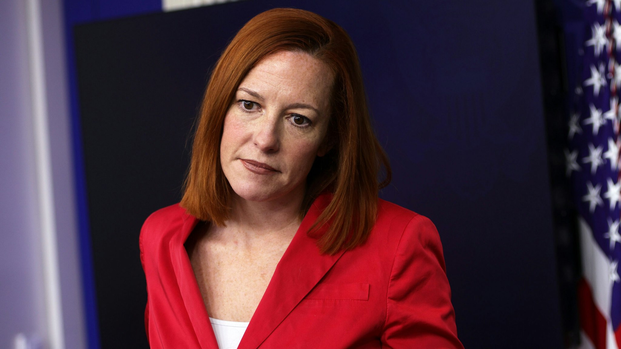 WASHINGTON, DC - MARCH 11: White House Press Secretary Jen Psaki listens during a daily press briefing at the James Brady Press Briefing Room of the White House on March 11, 2021 in Washington, DC. Psaki held a briefing to answer questions from members of the press.