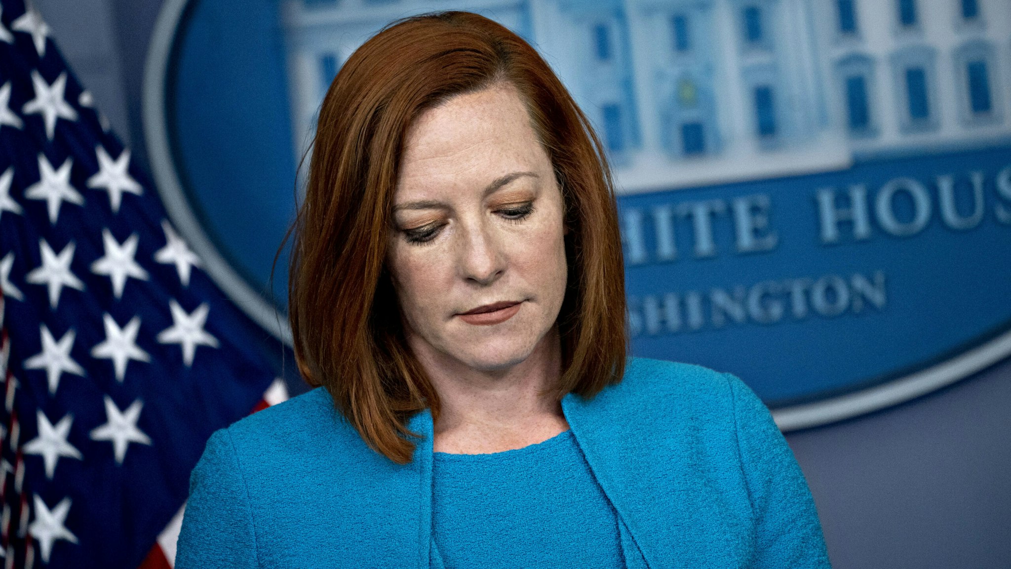 Jen Psaki, White House press secretary, pauses during a news conference in the James S. Brady Press Briefing Room at the White House in Washington, D.C., U.S., on Monday, March 22, 2021.