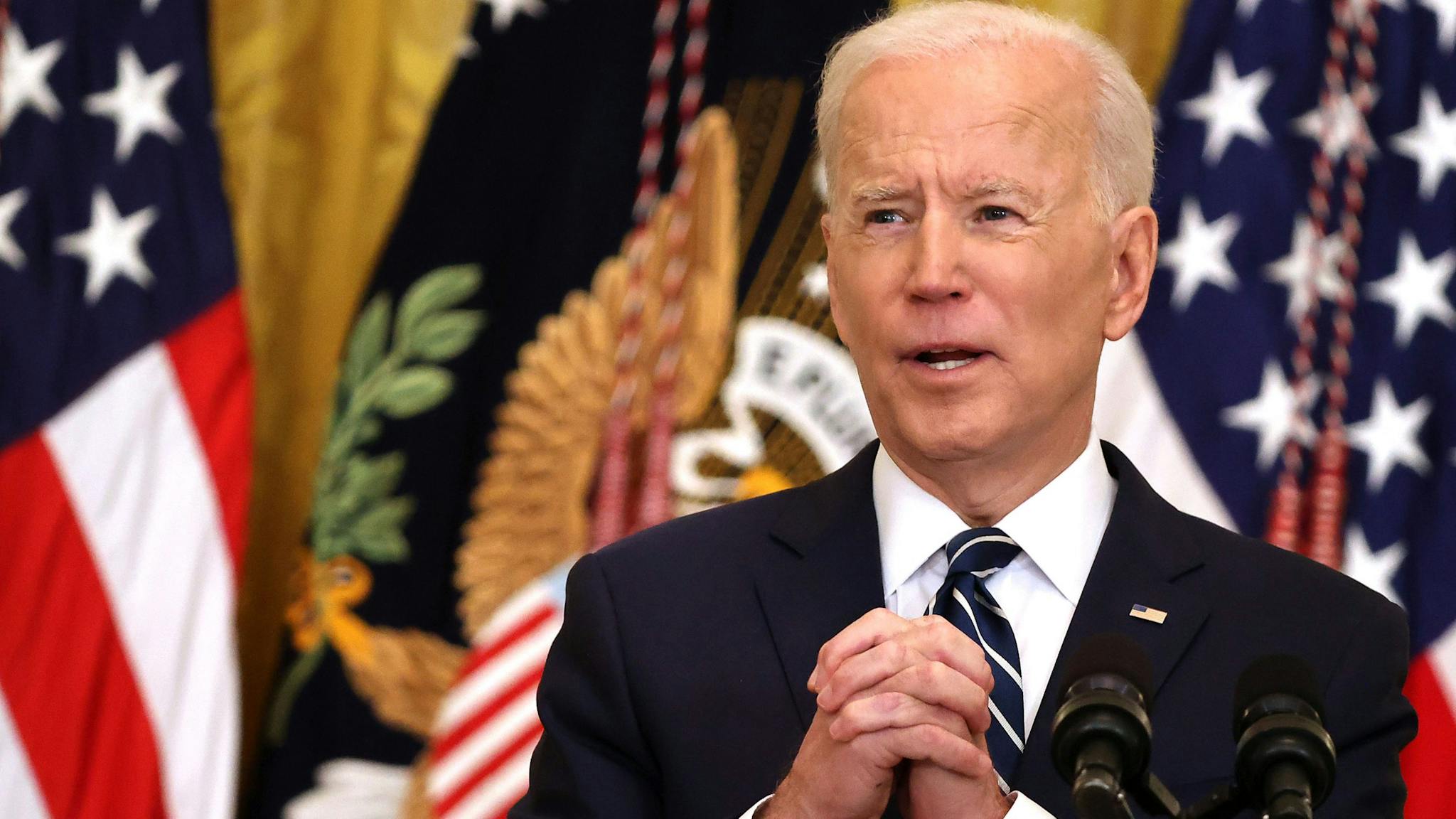 Joe Biden Holds First Press Conference As President WASHINGTON, DC - MARCH 25: U.S. President Joe Biden talks to reporters during the first news conference of his presidency in the East Room of the White House on March 25, 2021 in Washington, DC. On the 64th day of his administration, Biden, 78, faced questions about the coronavirus pandemic, immigration, gun control and other subjects.
