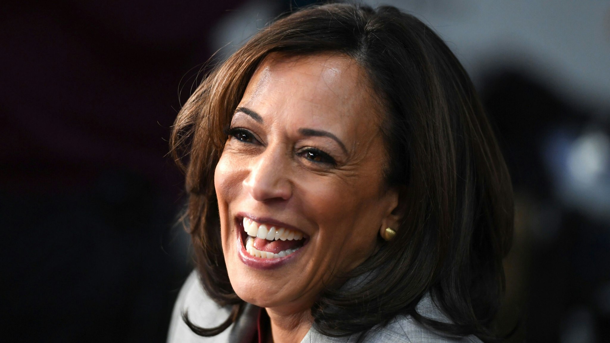 Democratic presidential hopeful California Senator Kamala Harris speaks to the press in the Spin Room after participating in the fifth Democratic primary debate of the 2020 presidential campaign season co-hosted by MSNBC and The Washington Post at Tyler Perry Studios in Atlanta, Georgia on November 20, 2019.