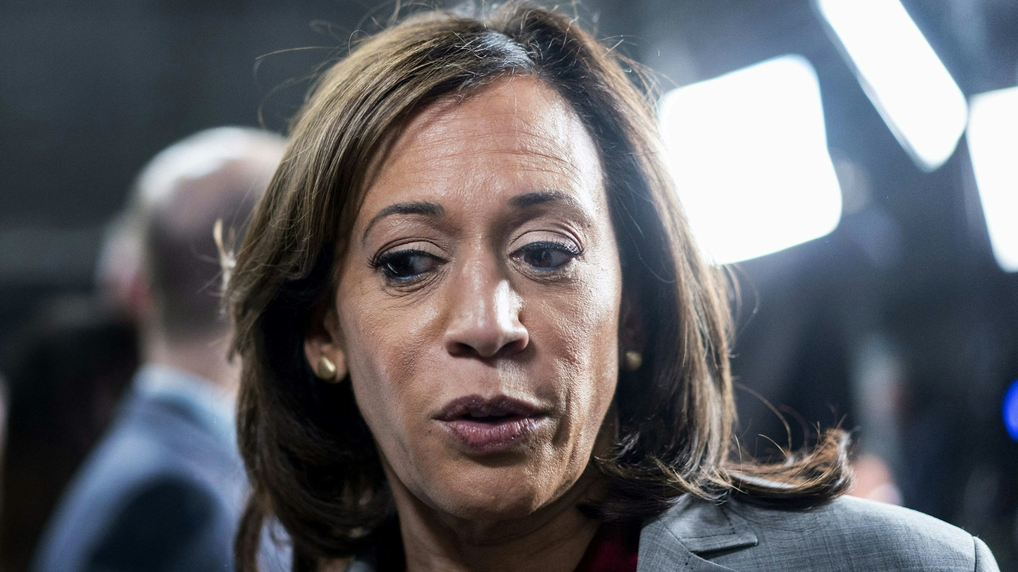 ATLANTA, GEORGIA - NOVEMBER 20: Democratic Presidential candidate Senator Kamala Harris (D-CA) speaks to journalists in the spin room after the Democratic presidential debate at Tyler Perry Studios on Wednesday, November 20, 2019, in Atlanta, Georgia. The 10 qualifying candidates participated in the campaign seasons fifth debate, hosted by The Washington Post via Getty Images and MSNBC.