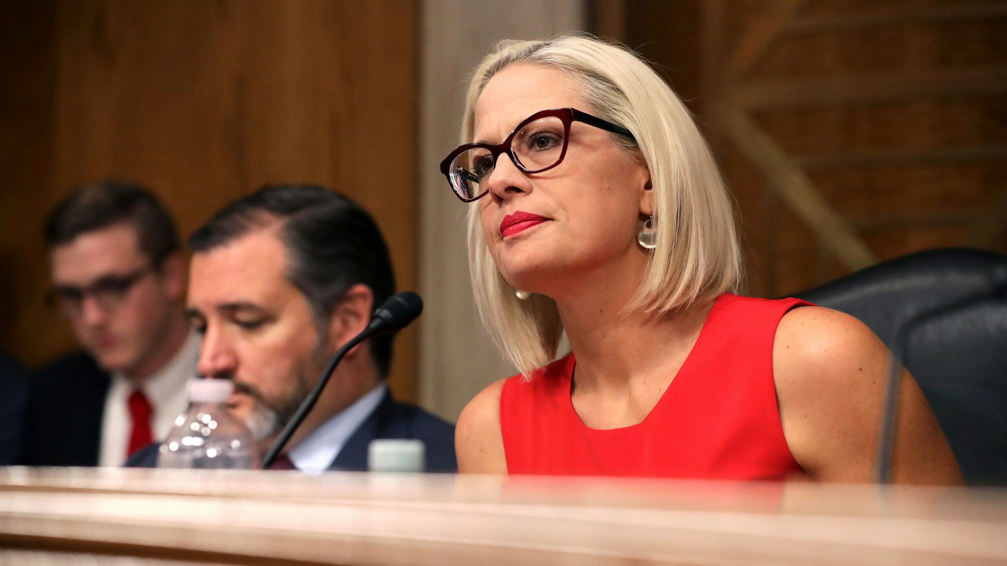 WASHINGTON, DC - MAY 14: Senate Aviation and Space Subcommittee ranking member Sen. Kyrsten Sinema questions witnesses during a hearing in the Dirksen Senate Office Building on Capitol Hill on May 14, 2019 in Washington, DC. In the wake of President Donald Trump's orders to create a military Space Force, NASA Administrator Jim Bridenstine testified about "The Emerging Space Environment: Operational, Technical, and Policy Challenges."