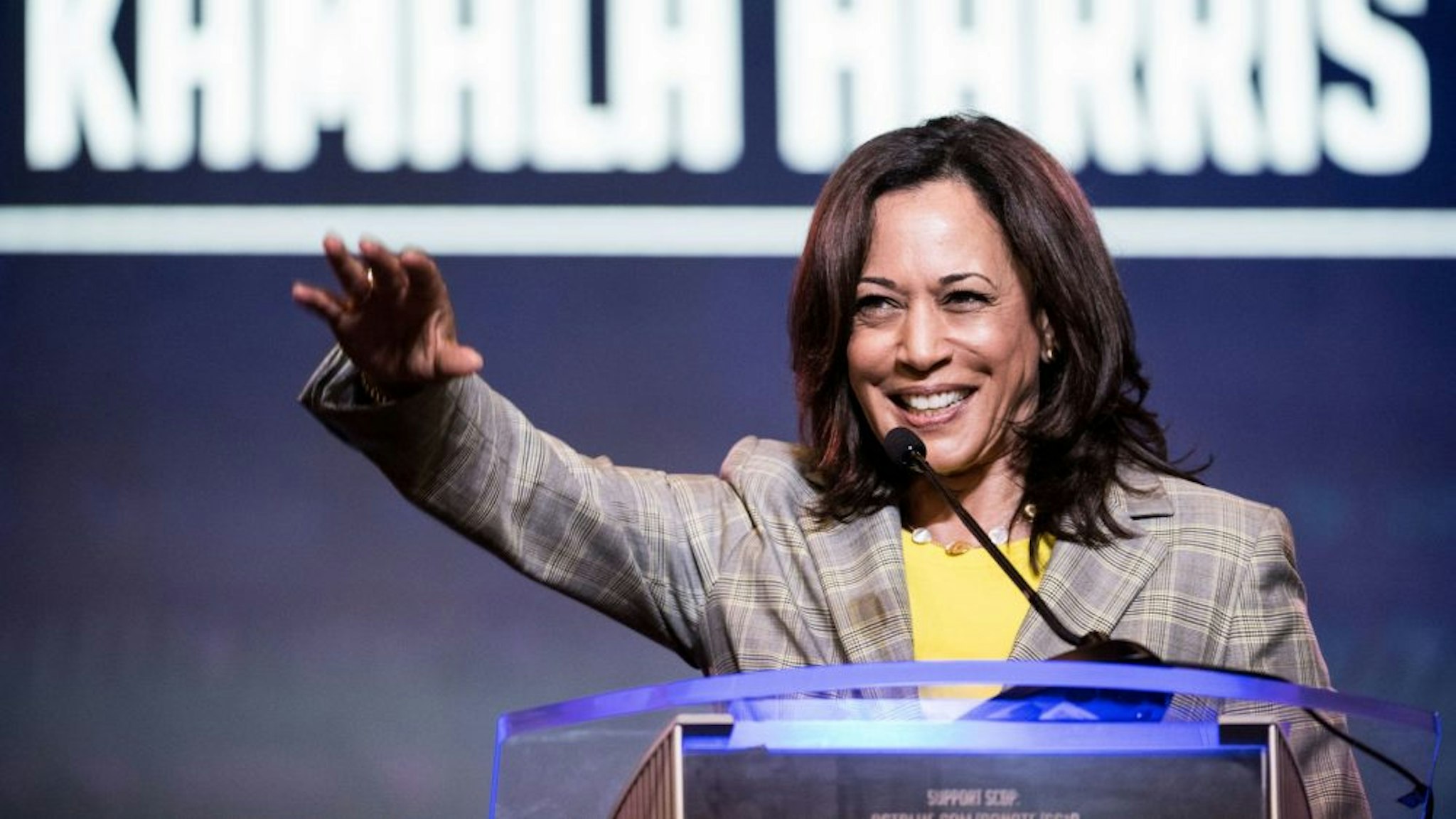 COLUMBIA, SC - JUNE 22: Democratic presidential candidate, Sen. Kamala Harris (D-CA) addresses the crowd at the 2019 South Carolina Democratic Party State Convention on June 22, 2019 in Columbia, South Carolina. Democratic presidential hopefuls are converging on South Carolina this weekend for a host of events where the candidates can directly address an important voting bloc in the Democratic primary.
