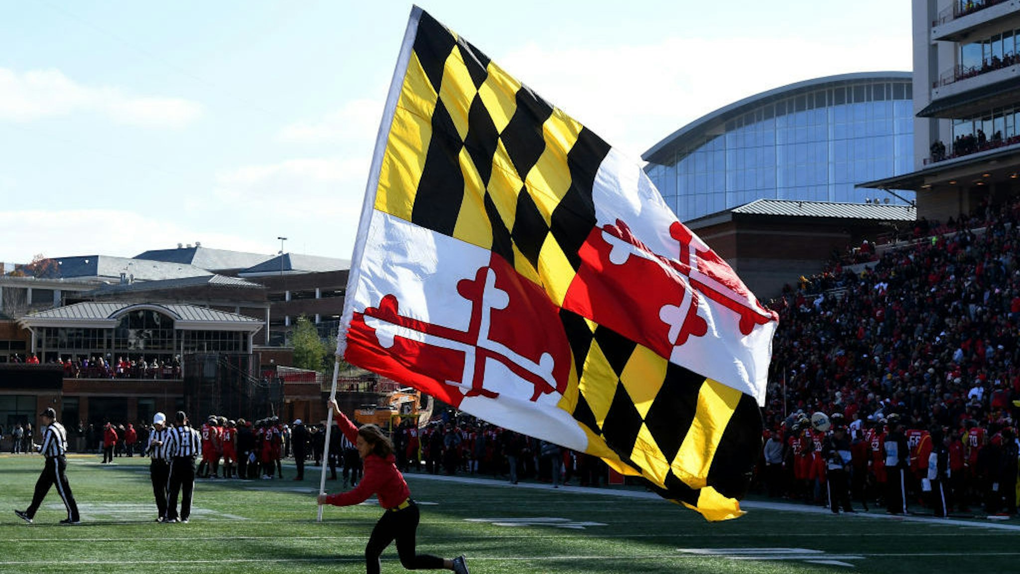 COLLEGE PARK, MD - NOVEMBER 17: The Maryland state flag on display during the game between the Ohio State Buckeyes and the Maryland Terrapins at Maryland Stadium on November 17, 2018 in College Park, Maryland. (Photo by G Fiume/Maryland Terrapins/Getty Images)