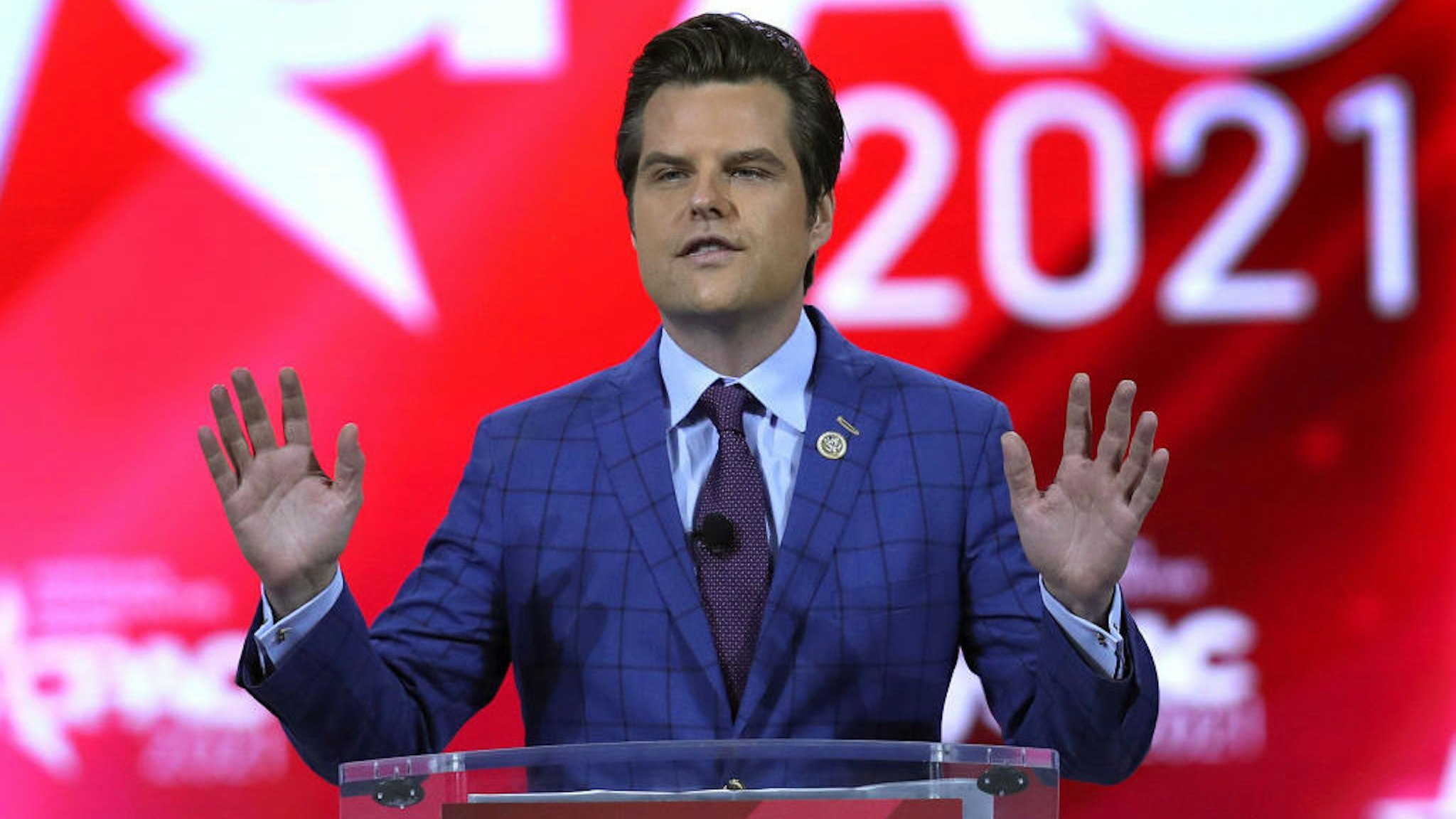 ORLANDO, FLORIDA - FEBRUARY 26: Rep. Matt Gaetz (R-FL) addresses the Conservative Political Action Conference being held in the Hyatt Regency on February 26, 2021 in Orlando, Florida. Begun in 1974, CPAC brings together conservative organizations, activists, and world leaders to discuss issues important to them. (Photo by Joe Raedle/Getty Images)
