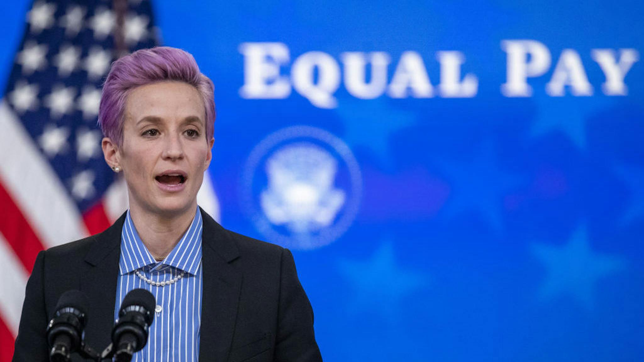Megan Rapinoe Megan Rapinoe, player with the U.S. Women's National Soccer Team, speaks during an event marking Equal Pay Day in the Eisenhower Executive Office Building in Washington, D.C., U.S., on Wednesday, March 24, 2021. The Biden administration has signaled plans to strengthen gender equity at a time when women in the U.S. are disproportionately exiting the workforce compared with men during the Covid-19 pandemic, and are paid about 82 cents on the dollar compared with men. Photographer: Shawn Thew/EPA/Bloomberg