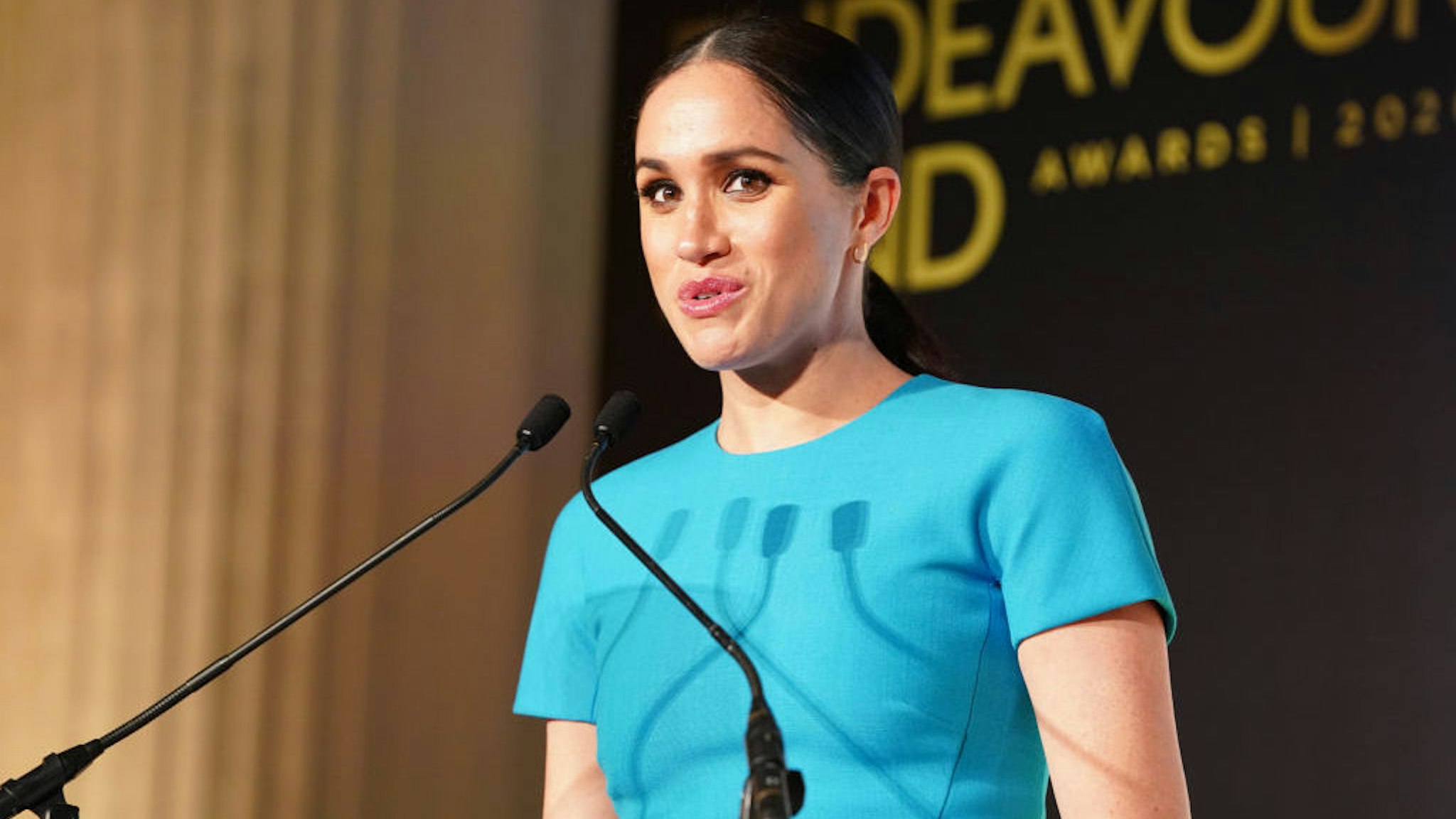 Britain's Meghan, Duchess of Sussex delivers a speech during the Endeavour Fund Awards at Mansion House in London on March 5, 2020. - The Endeavour Fund helps servicemen and women have the opportunity to rediscover their self-belief and fighting spirit through physical challenges. (Photo by Paul Edwards / POOL / AFP) (Photo by PAUL EDWARDS/POOL/AFP via Getty Images)