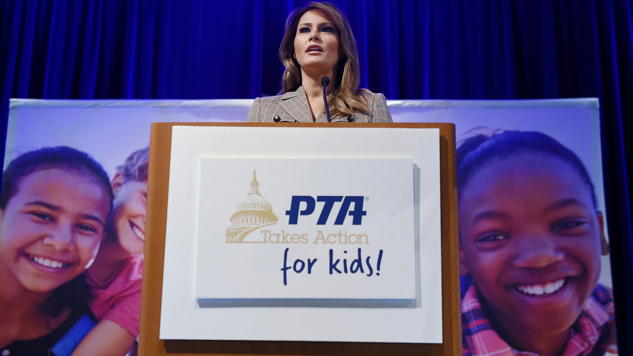First Lady Melania Trump addresses the 2020 National Parent Teacher Association (PTA) Legislative Conference at the Westin Alexandria Old Town on March 10, 2020 in Alexandria, Virginia. (Photo by Olivier DOULIERY / AFP) (Photo by OLIVIER DOULIERY/AFP via Getty Images)