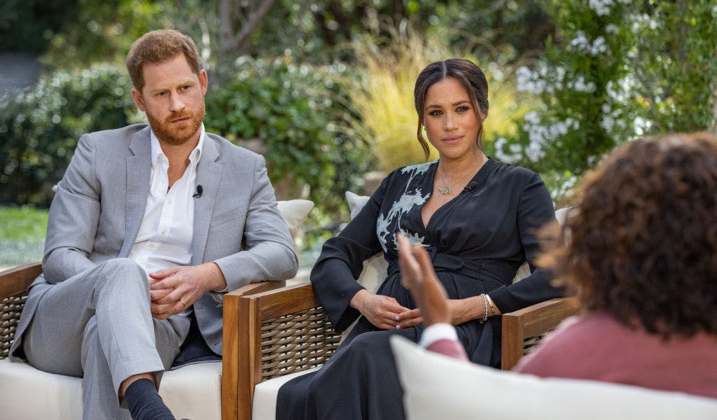 UNSPECIFIED - UNSPECIFIED: In this handout image provided by Harpo Productions and released on March 5, 2021, Oprah Winfrey interviews Prince Harry and Meghan Markle on A CBS Primetime Special premiering on CBS on March 7, 2021. (Photo by Harpo Productions/Joe Pugliese via Getty Images)