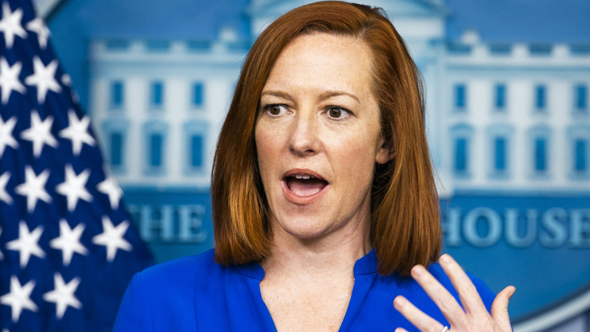 Jen Psaki, White House press secretary, speaks during a news conference in the James S. Brady Press Briefing Room at the White House in Washington, D.C., U.S., on Friday, March 12, 2021. President Biden offered Americans a glimpse of hope that life would begin to return to normal this summer as he marked a year of U.S. shutdowns and death, ordering a further acceleration of the governments efforts to end the pandemic.