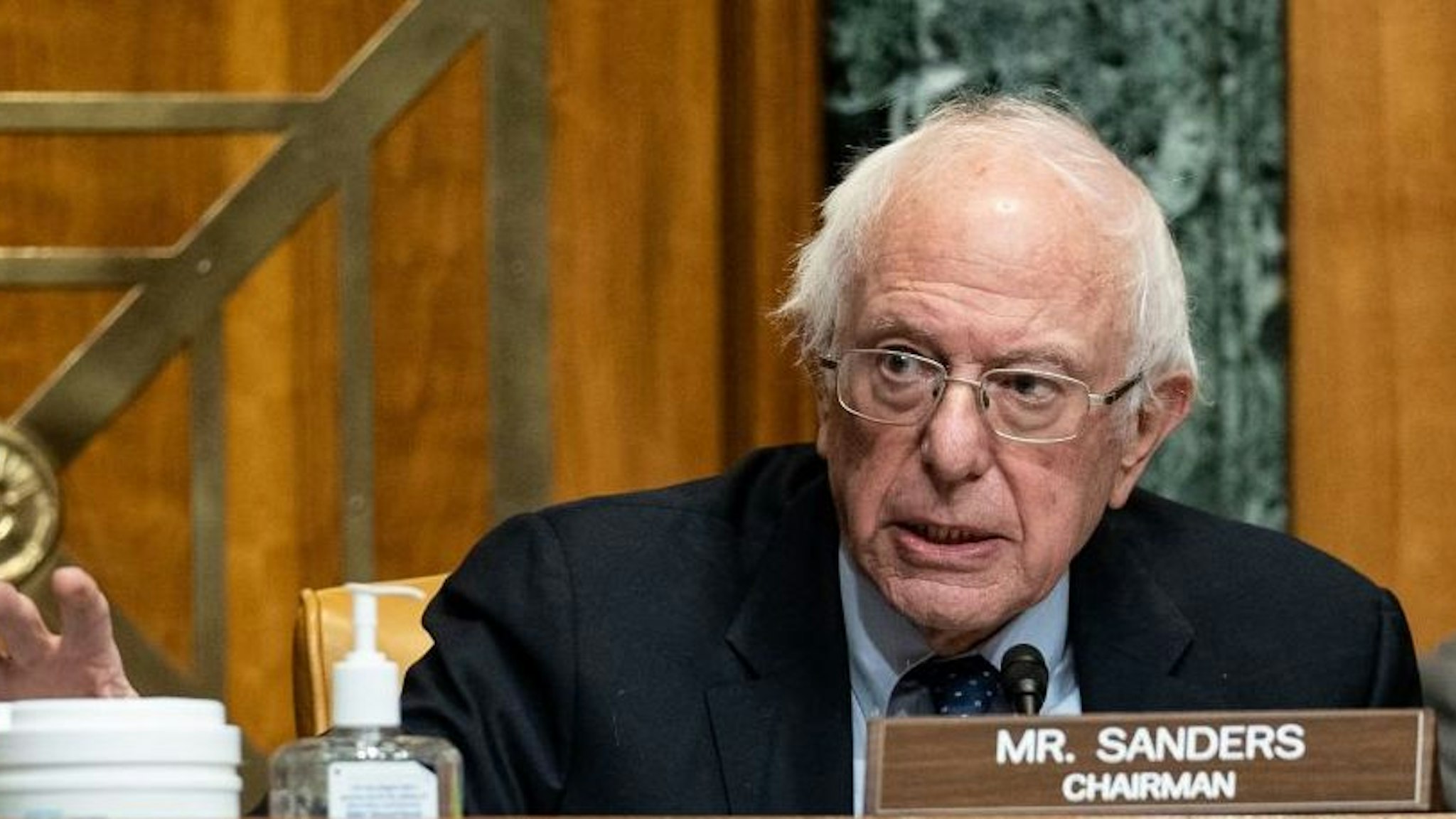 Chairman Sen. Bernie Sanders, I-VT, speaks as Neera Tanden, nominee for Director of the Office of Management and Budget (OMB), testifies during a Senate Committee on the Budget hearing on Capitol Hill in Washington, DC on February 10, 2021.