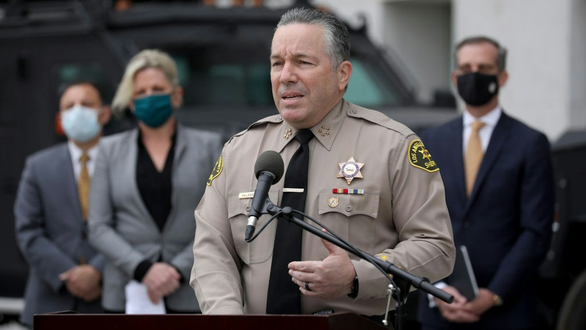LOS ANGELES, CA - JANUARY 19: Los Angeles County Sheriff Alex Villanueva at a news conference to discuss public safety preparedness for potential responses to the presidential inauguration, held at the Hall of Justice on Tuesday, Jan. 19, 2021.