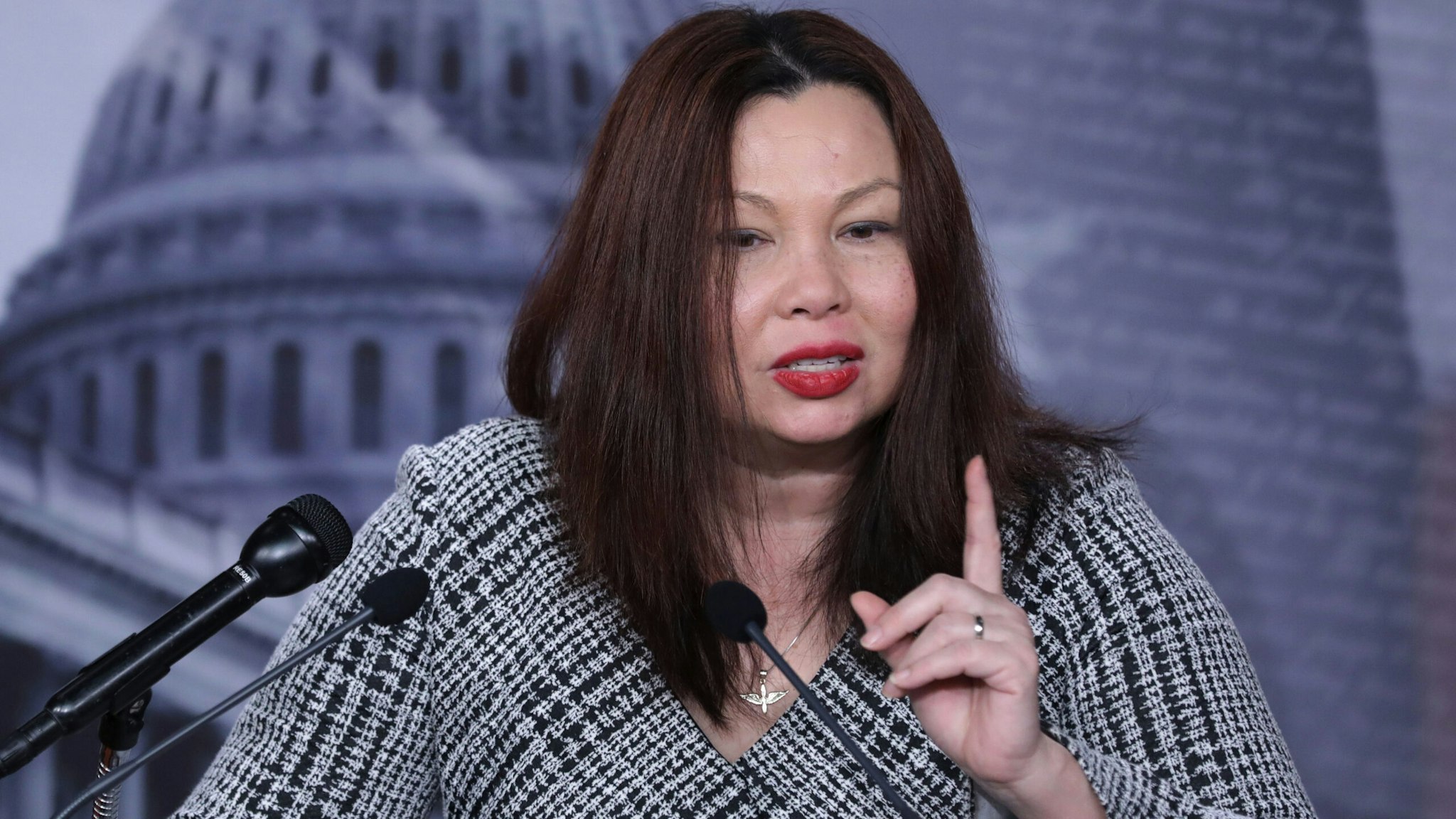 WASHINGTON, DC - NOVEMBER 17: Sen. Tammy Duckworth (D-IL) talks to reporters during a news conference at the U.S. Capitol on November 17, 2020 in Washington, DC. Duckworth and fellow Senate Democrats were critical of President Donald Trump's continued claims of election fraud and his refusal to concede the election to President-elect Joe Biden.