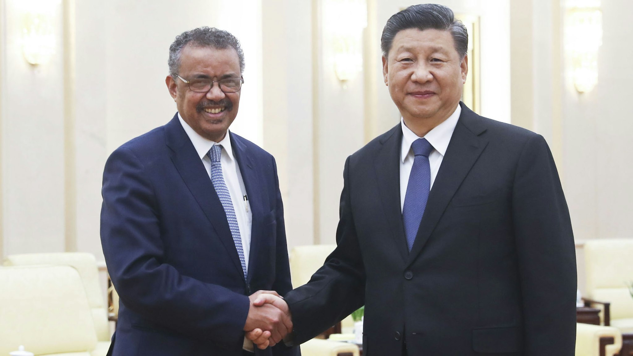 BEIJING, January. 28, 2020 -- Xi Jinping meets with visiting World Health Organization (WHO) Director-General Tedros Adhanom Ghebreyesus at the Great Hall of the People in Beijing, capital of China, Jan. 28, 2020. TO GO WITH "Xi Focus: Chronicle of Xi's leadership in China's war against coronavirus"