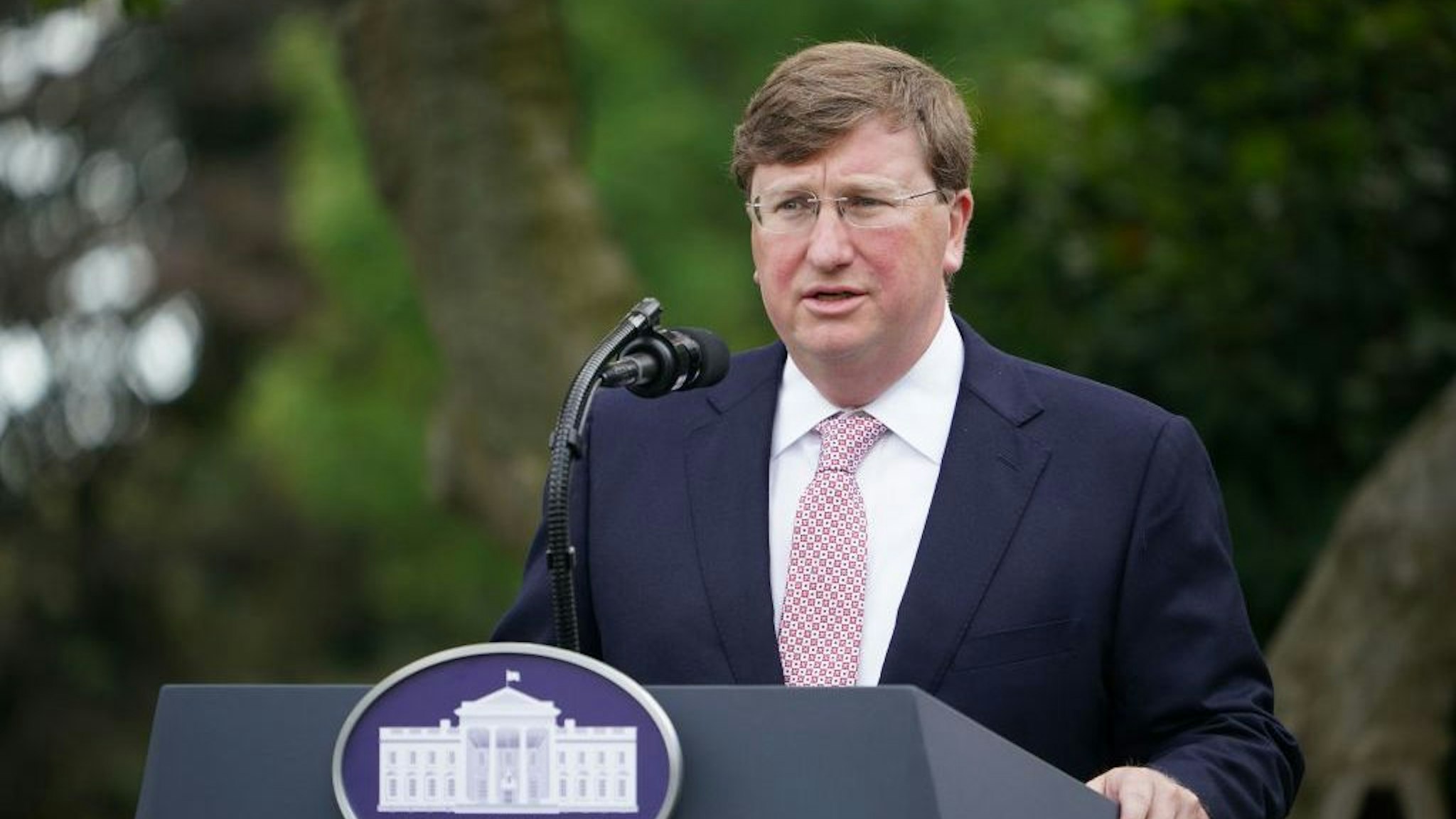 Mississippi Gov. Tate Reeves speaks on Covid-19 testing in the Rose Garden of the White House in Washington, DC on September 28, 2020. (Photo by MANDEL NGAN / AFP) (Photo by MANDEL NGAN/AFP via Getty Images)