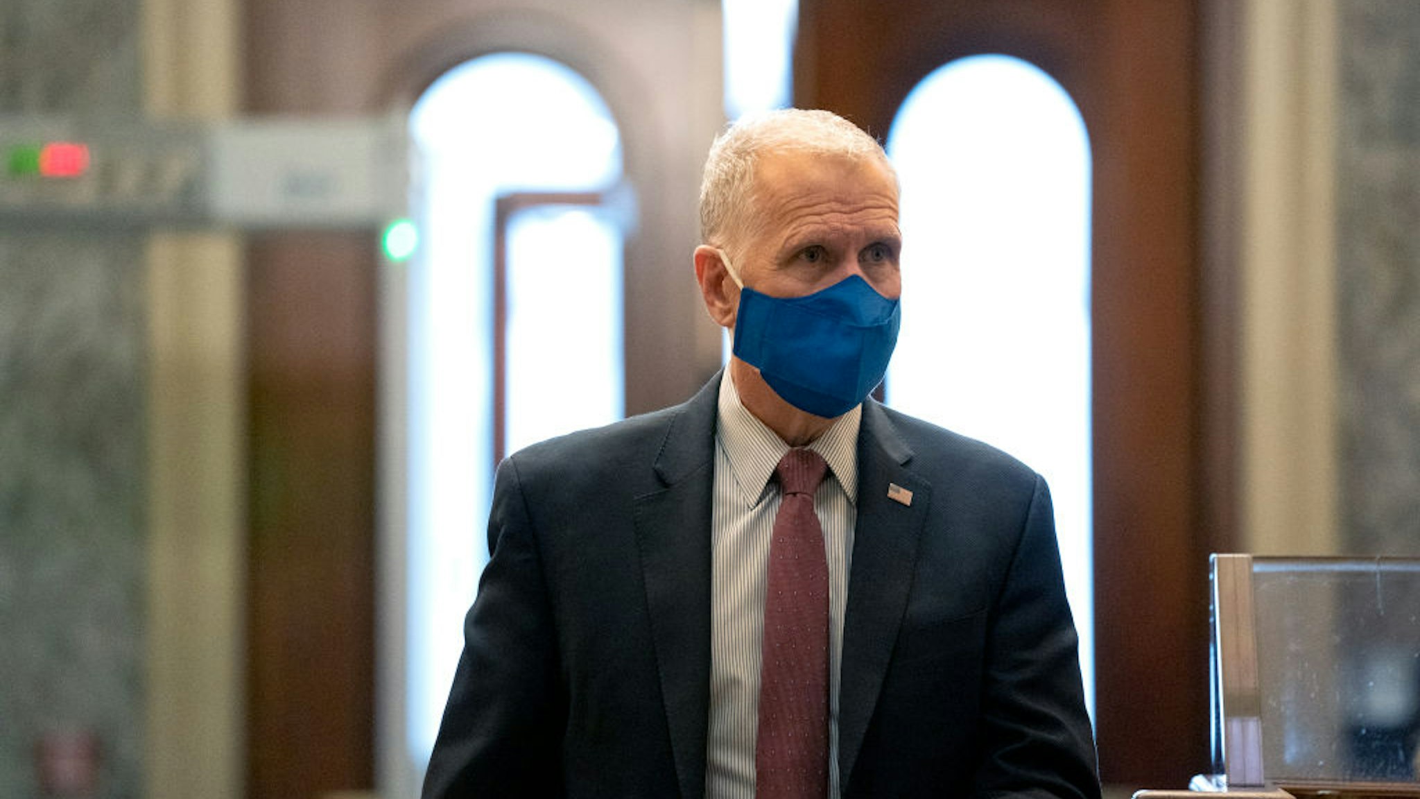 WASHINGTON, DC - DECEMBER 11: U.S. Sen. Thom Tillis (R-NC) wears a protective mask while arriving to the U.S. Capitol on December 11, 2020 in Washington, DC. Lawmakers are facing a midnight deadline to pass a continuing resolution to avert a partial shutdown and fund the government for another week.