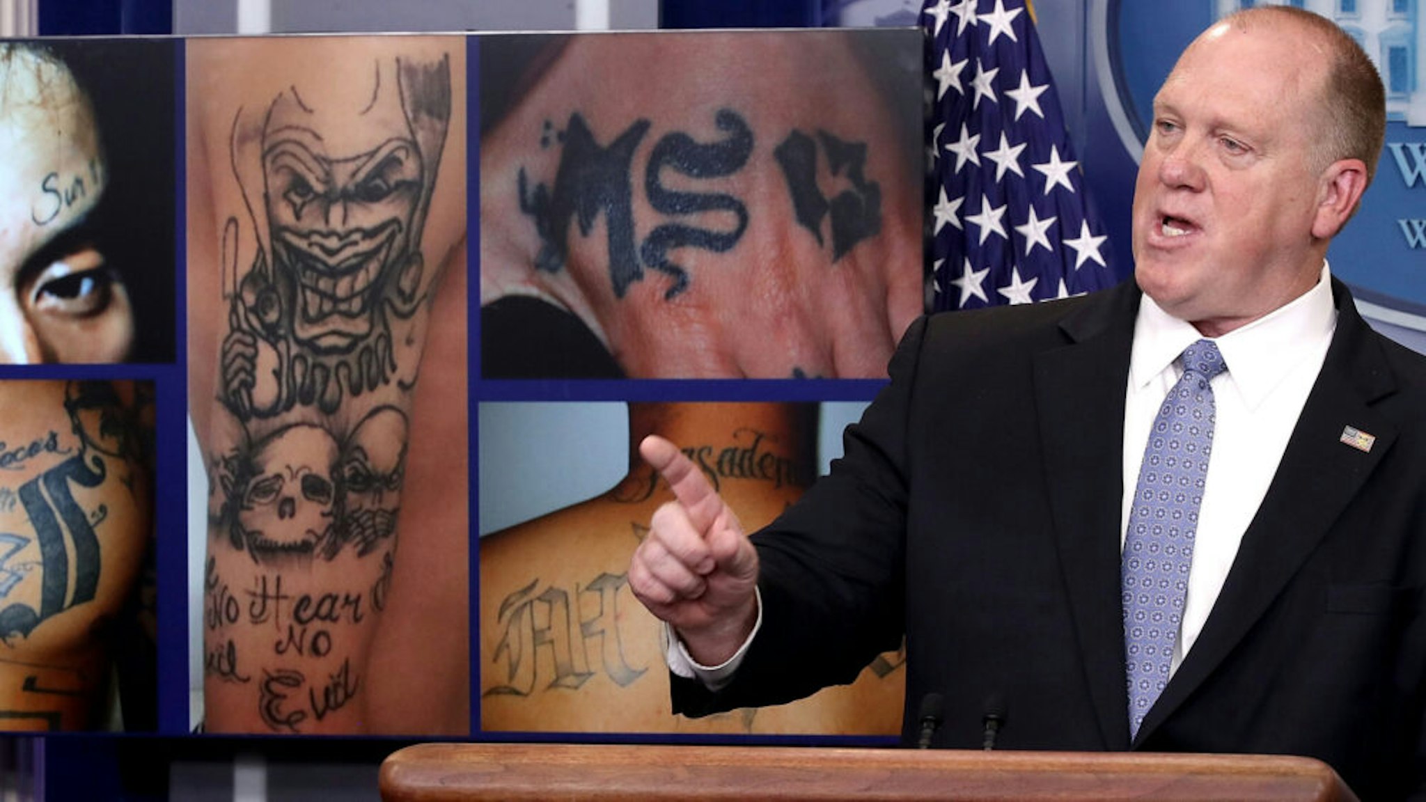 WASHINGTON, DC - JULY 27: Tom Homan, Director of Immigration and Customs Enforcement, answers questions in front of gang related photos from the MS-13 gang during a daily briefing at the White House July 27, 2017 in Washington, DC. Homan answered a range of questions during the briefing.