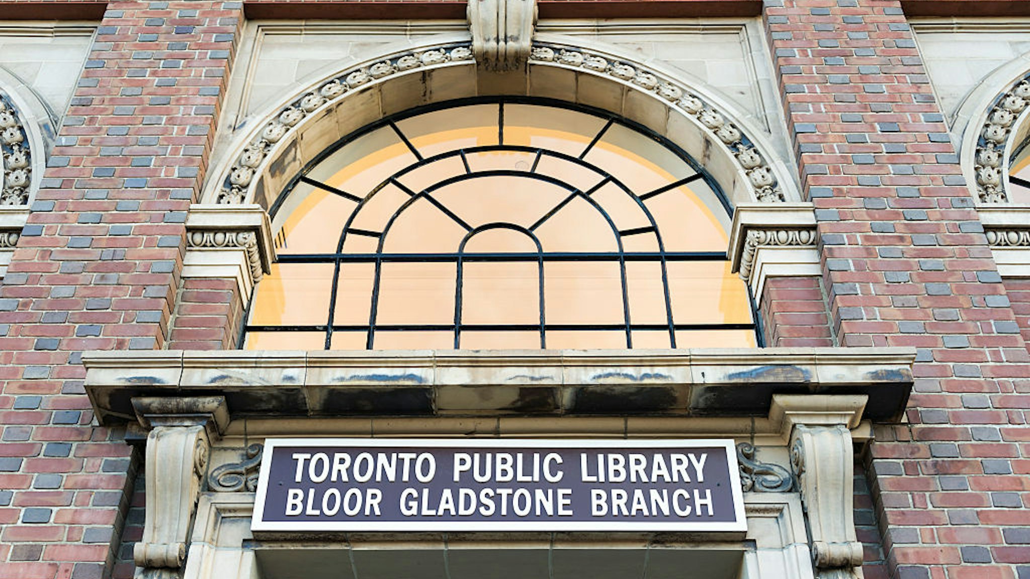 TORONTO, ONTARIO, CANADA - 2015/10/25: Vintage architecture at Toronto Public Library, Bloor Gladstone branch. Toronto Public Library is the largest public library system in Canada, and the world's busiest urban library system.