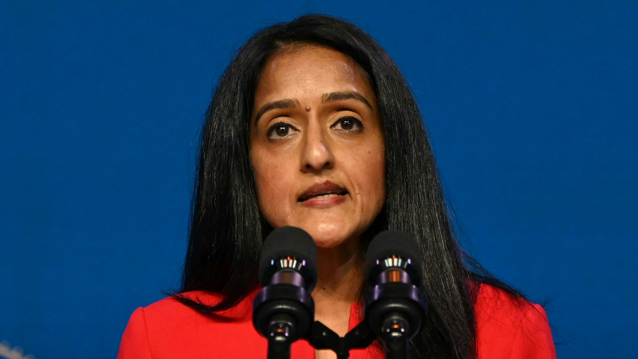 Vanita Gupta, nominee for Associate Attorney General, speaks after being nominated by US President-elect Joe Biden at The Queen theater January 7, 2021 in Wilmington, Delaware.