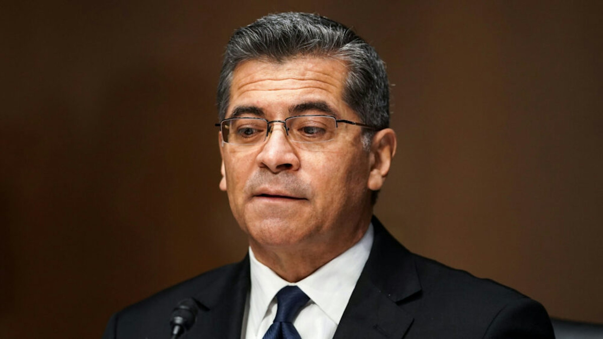WASHINGTON, DC - FEBRUARY 24: Xavier Becerra, nominee for Secretary of Health and Human Services, answers questions during his confirmation hearing before the Senate Finance Committee on Capitol Hill on February 24, 2021 in Washington, DC. If confirmed, Becerra would be the first Latino secretary of HHS. He is currently Attorney General of California.