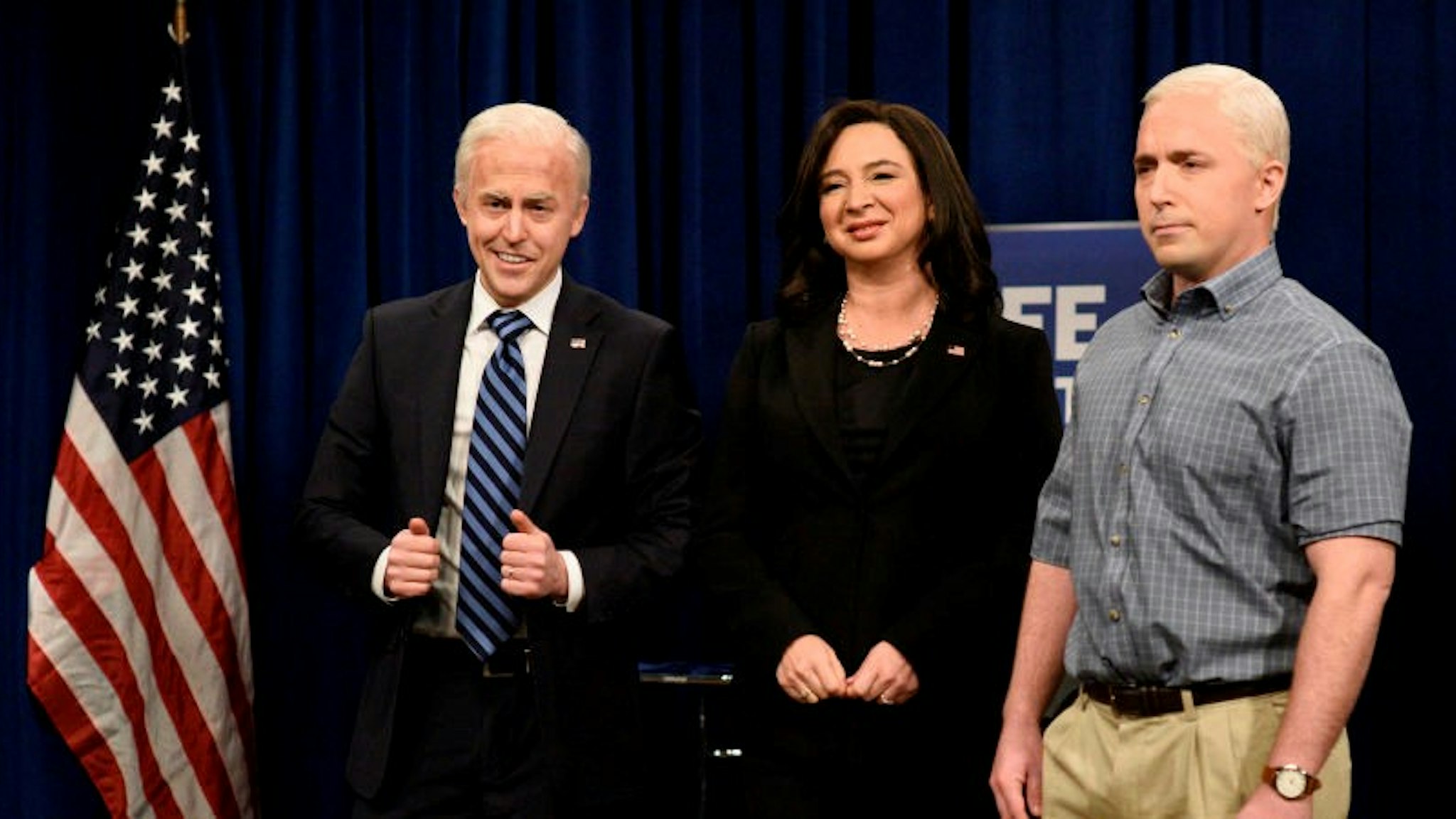 SATURDAY NIGHT LIVE -- "Kristen Wiig" Episode 1794 -- Pictured: (l-r) Alex Moffat as Joe Biden, Maya Rudolph as Kamala Harris, and Beck Bennett as Mike Pence during the "Pence Gets The Vaccine" Cold Open on Saturday, December 19, 2020 -- (Photo By: