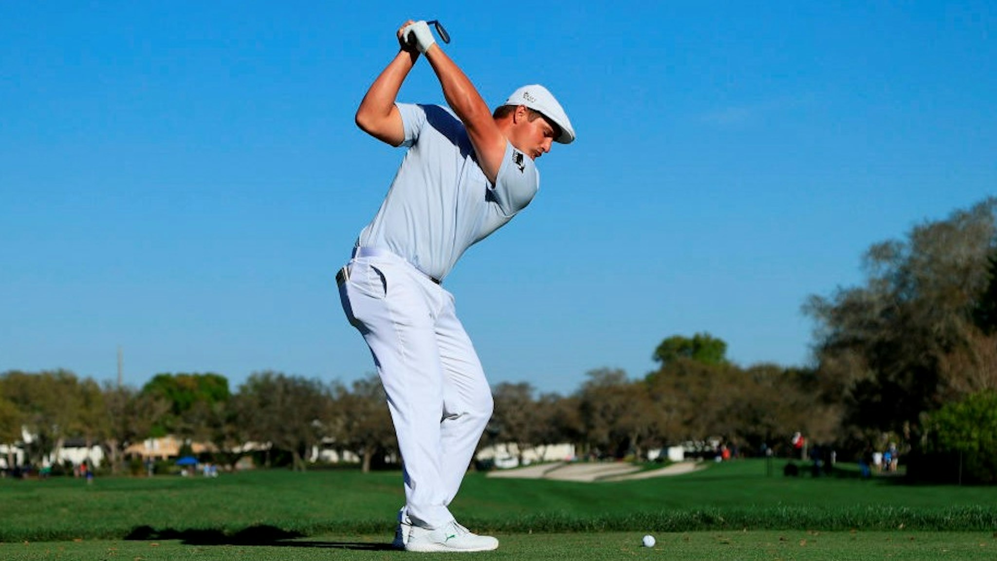 ORLANDO, FLORIDA - MARCH 07: Bryson DeChambeau of the United States plays his shot from the 11th tee during the final round of the Arnold Palmer Invitational Presented by MasterCard at the Bay Hill Club and Lodge on March 07, 2021 in Orlando, Florida. (Photo by