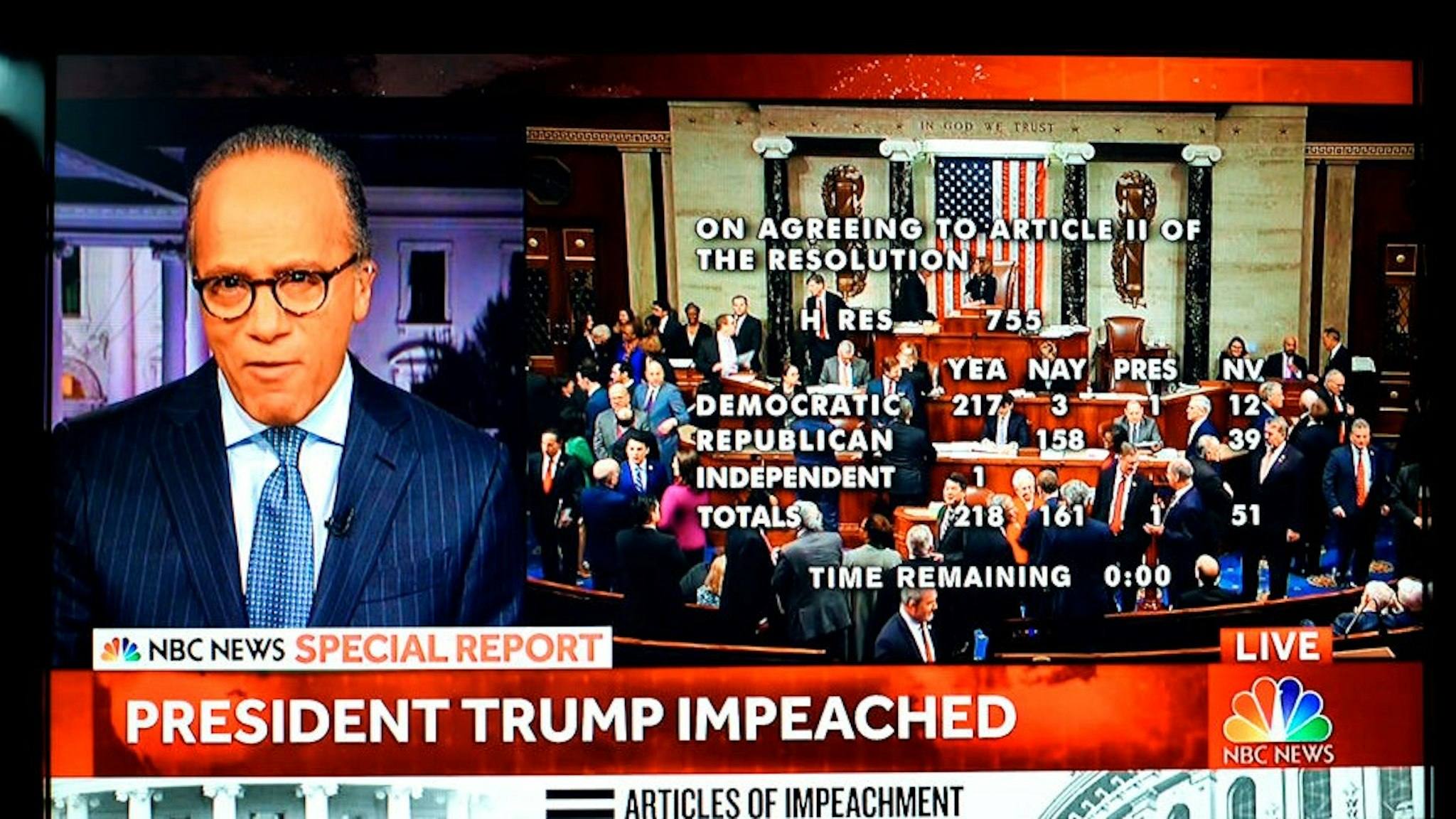 DECEMBER 18, 2019: A screen shot of live NBC-TV coverage of the vote to impeach President Donald Trump shows NBC News anchor Lester Holt and the members of Congress as the vote to impeach Trump is approved by the House of Representatives in Washington, D.C. (Photo by