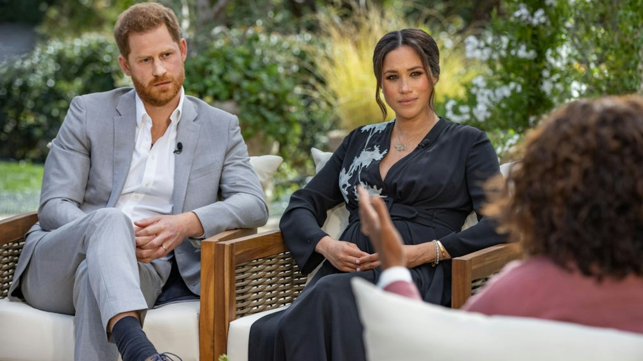UNSPECIFIED - UNSPECIFIED: In this handout image provided by Harpo Productions and released on March 5, 2021, Oprah Winfrey interviews Prince Harry and Meghan Markle on A CBS Primetime Special premiering on CBS on March 7, 2021. (Photo by