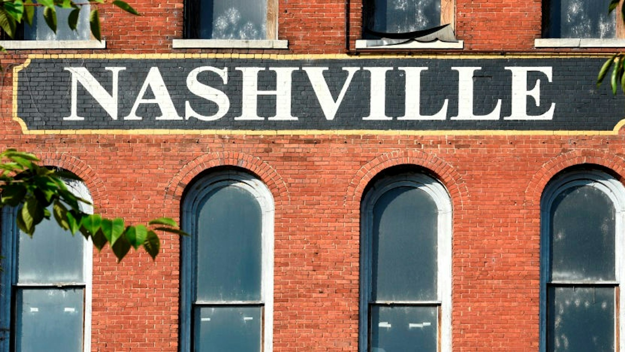 NASHVILLE, TENNESSEE - SEPTEMBER 2, 2019: The facade of a 19th century brick warehouse along the Cumberland River in downtown Nashville, Tennessee. (Photo by