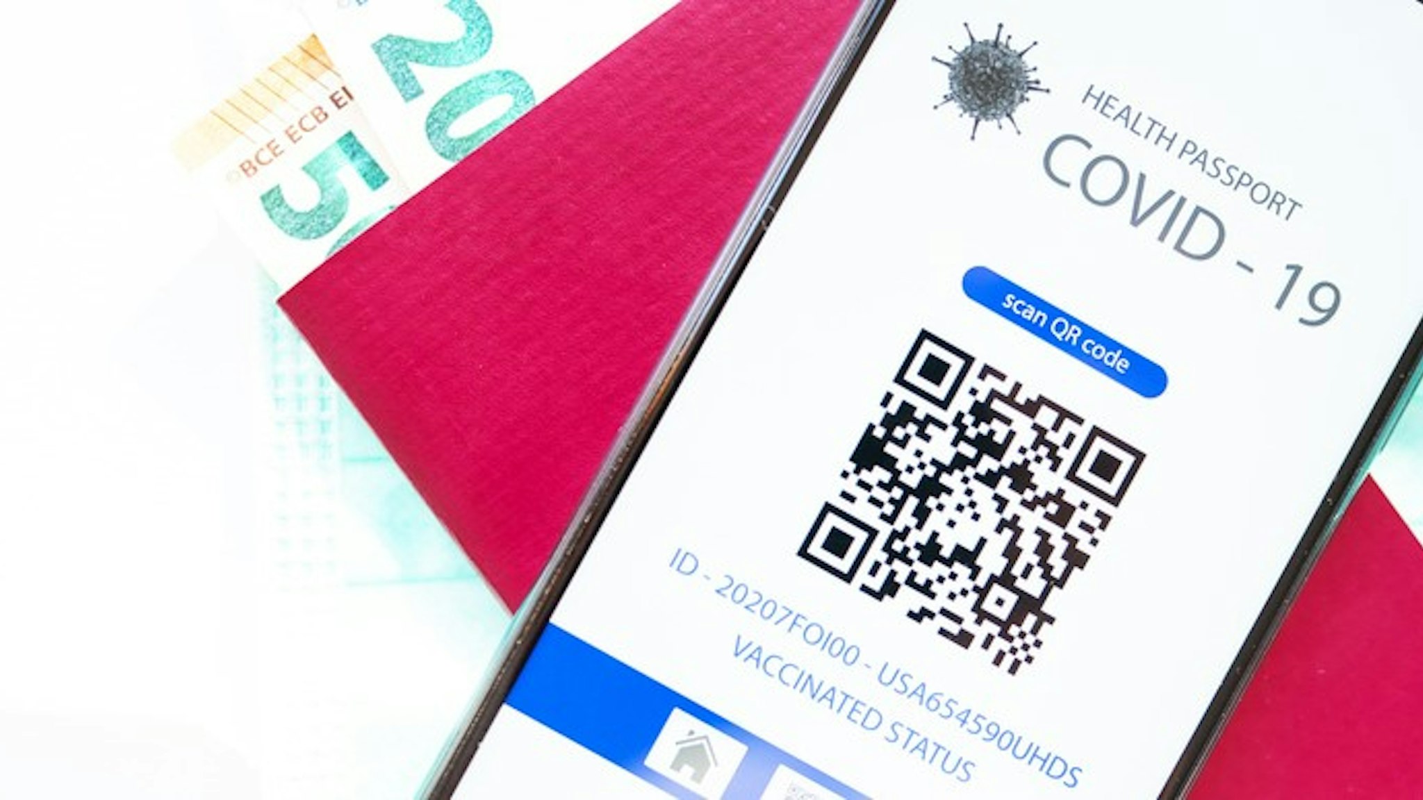 a series of photos showing a mobile application with a QR code showing a health passport for covid-19