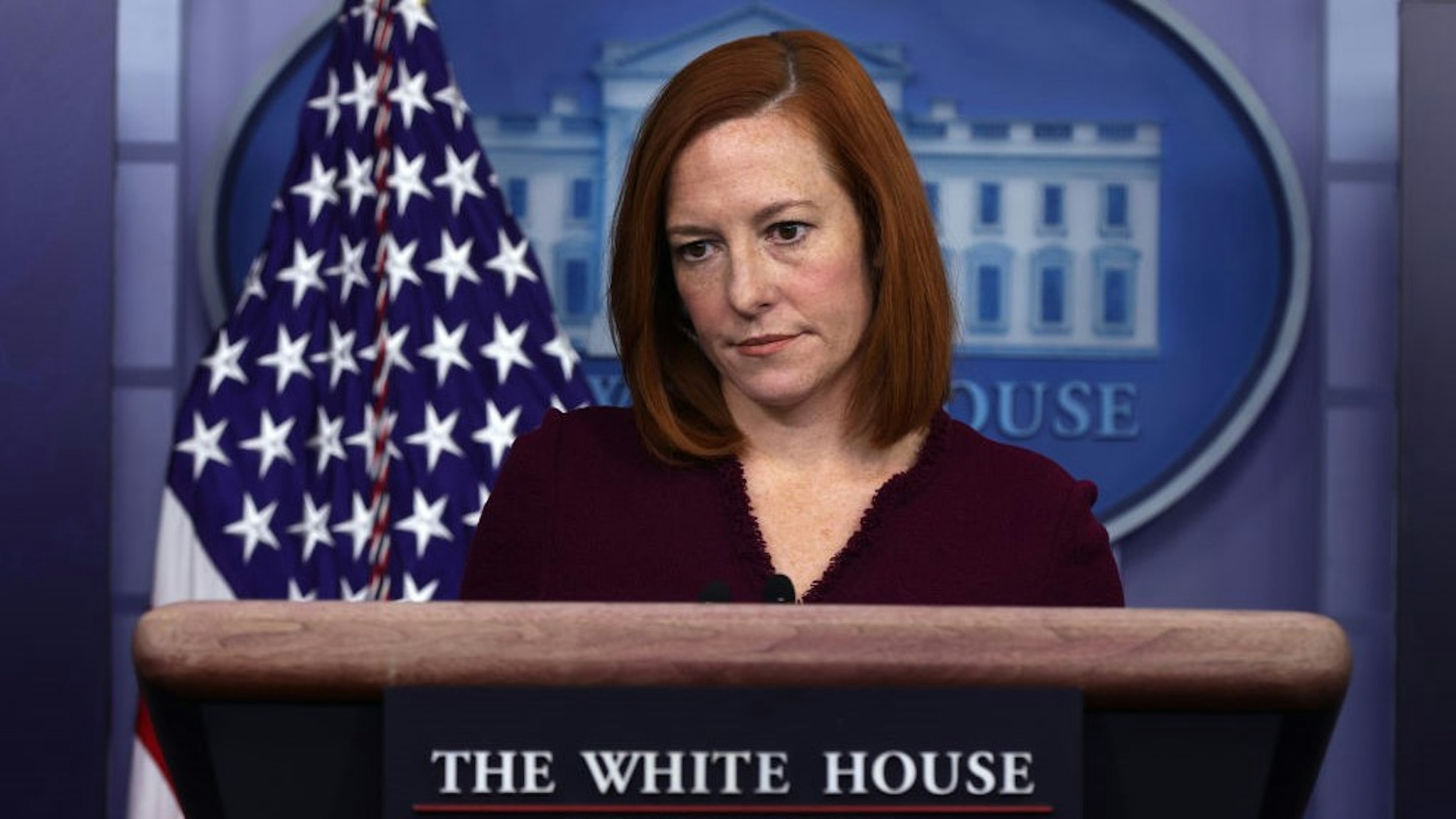 WASHINGTON, DC - FEBRUARY 09: White House Press Secretary Jen Psaki listens during a news briefing at the James Brady Press Briefing Room of the White House February 9, 2021 in Washington, DC. Psaki held a news briefing to answers questions from the members of the press. (Photo by