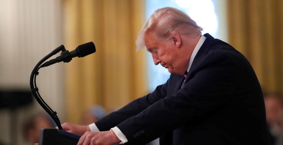 U.S. President Donald Trump pauses while speaking during an event at the White House in Washington, D.C., U.S., on Thursday, Feb. 6, 2020. Trump's acquittal by the Senate delivered an expected yet exhilarating victory to the White House, freeing a president who has for years operated under the threat of impeachment and longed for vindication. Photographer: