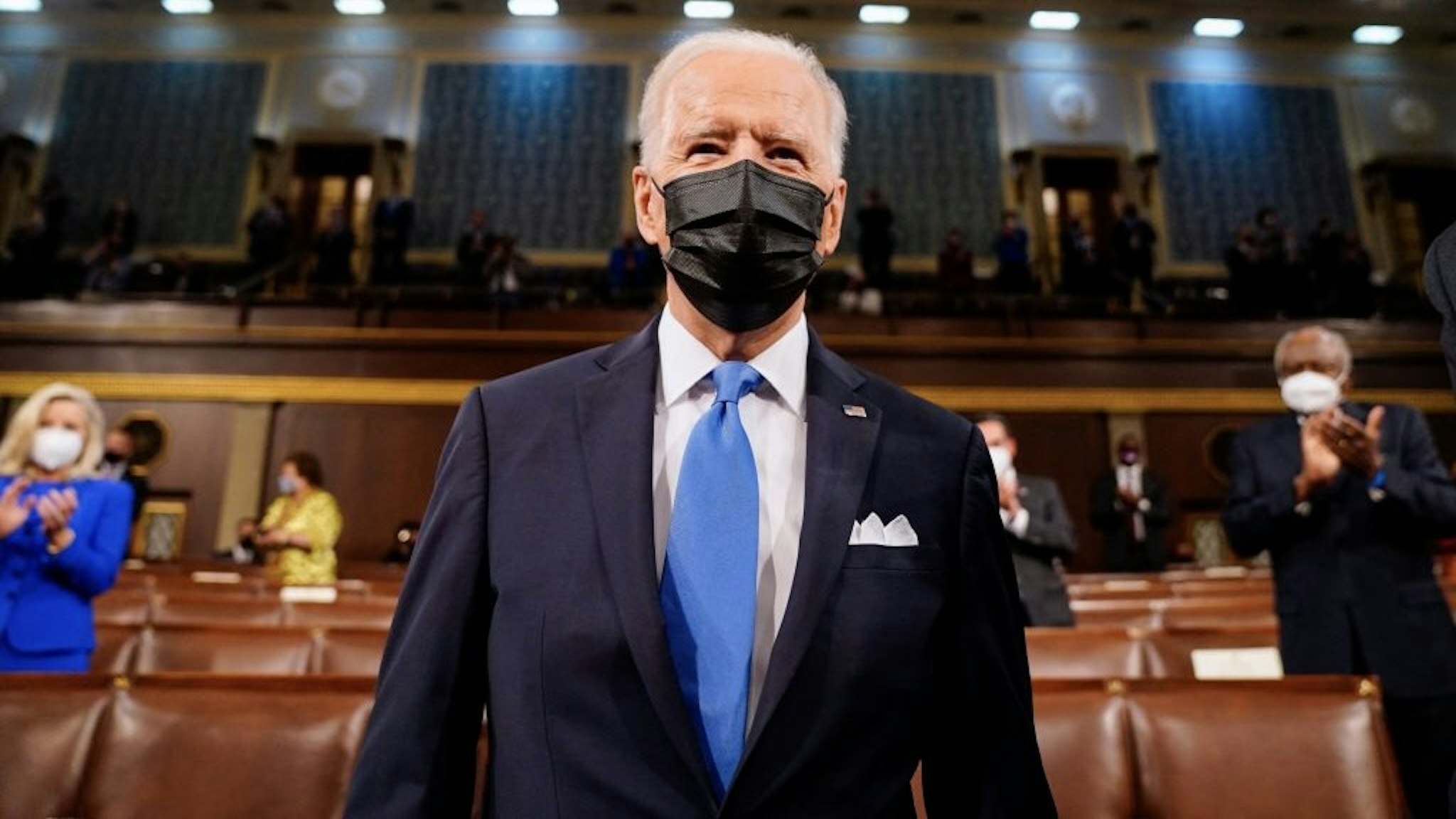 US-POLITICS-BIDEN US President Joe Biden arrives to address a joint session of Congress at the US Capitol in Washington, DC, on April 28, 2021. (Photo by Melina Mara / POOL / AFP) (Photo by MELINA MARA/POOL/AFP via Getty Images)