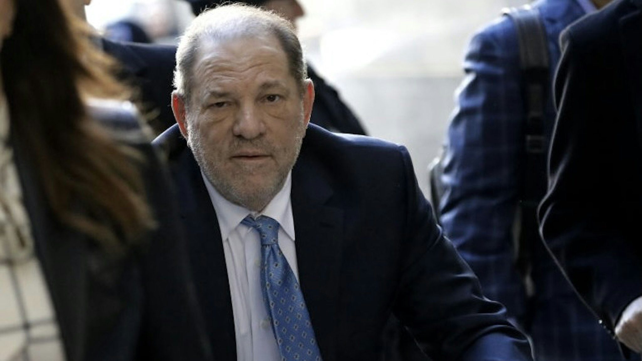 Harvey Weinstein, former co-chairman of the Weinstein Co., center, arrives with his attorney Donna Rotunno, left, at state supreme court in New York, U.S., on Monday, Feb. 24, 2020. Jurors at Weinstein's trial are set to resume deliberations Monday after signaling they are at odds on the top charges, AP reports. Photographer: Peter Foley/Bloomberg