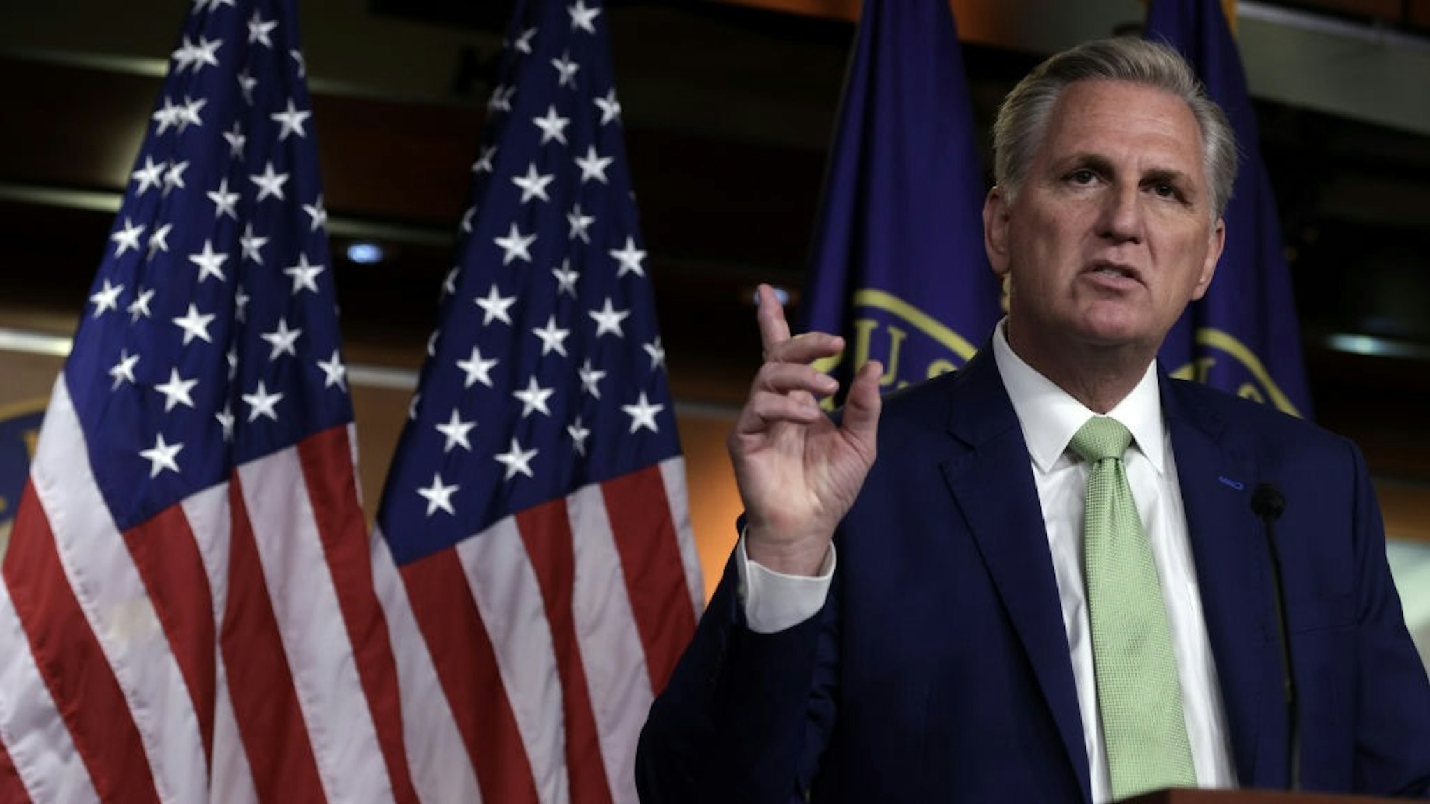 WASHINGTON, DC - APRIL 15: U.S. House Minority Leader Rep. Kevin McCarthy (R-CA) speaks during a weekly news conference at the U.S. Capitol April 15, 2021 in Washington, DC. Leader McCarthy held his weekly news conference to answer questions from members of the press. (Photo by Alex Wong/Getty Images)