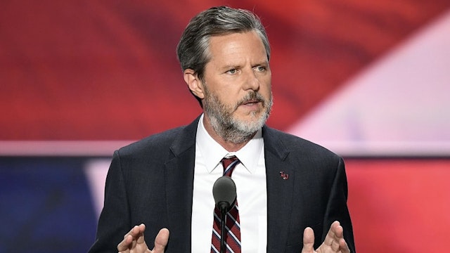 The President of Liberty University, Jerry Falwell, Jr., speaks on the last day of the Republican National Convention on July 21, 2016, in Cleveland, Ohio. / AFP / Jim WATSON (Photo credit should read JIM WATSON/AFP via Getty Images)