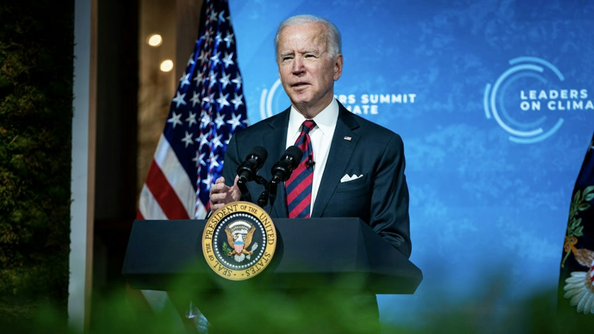 President Biden And Vice President Harris Participate In Virtual Leaders Summit On Climate WASHINGTON, DC - APRIL 22: U.S. President Joe Biden delivers remarks during a virtual Leaders Summit on Climate with 40 world leaders at the East Room of the White House April 22, 2021 in Washington, DC. President Biden pledged to cut greenhouse gas emissions by half by 2030. (Photo by Al Drago-Pool/Getty Images)