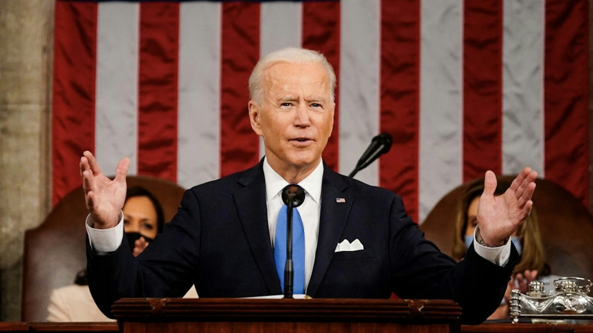 US-POLITICS-BIDEN US President Joe Biden addresses a joint session of Congress at the US Capitol in Washington, DC, on April 28, 2021. (Photo by Melina Mara / POOL / AFP) (Photo by MELINA MARA/POOL/AFP via Getty Images)