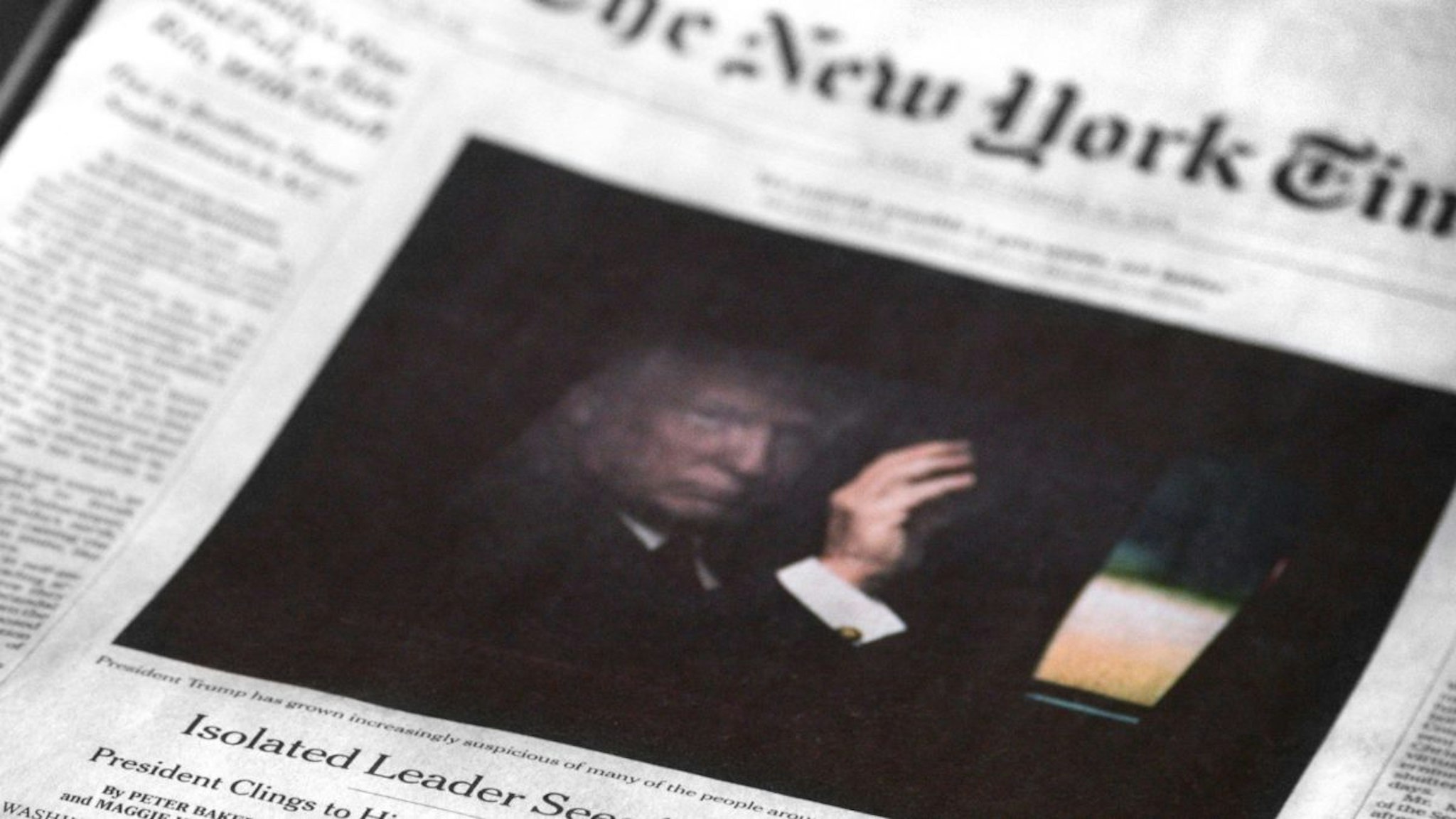 A copy of the December 23, 2018 edition of The New York Times features a front-page article by Peter Baker and Maggie Haberman referring to U.S. President Donald Trump as an isolated leader who sees 'a war every day.'