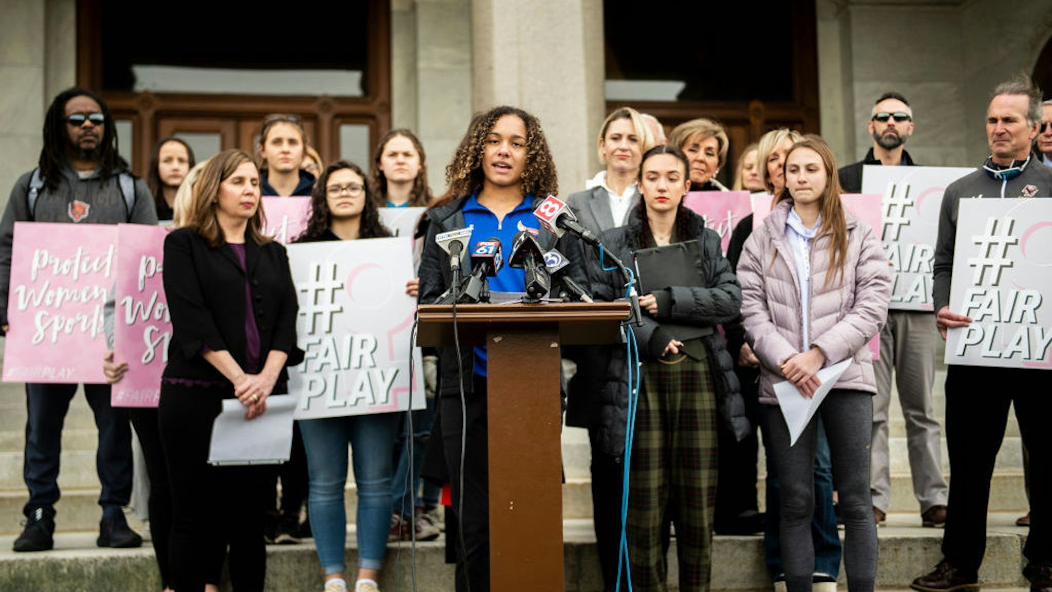 Danbury High School sophomore Alanna Smith speaks during a press conference at the Connecticut State Capitol Wednesday, Feb. 12, 2020, in downtown Hartford, Conn. The families of high school athletes Selina Soule, Alanna Smith and Chelsea Mitchell have filed a federal lawsuit against the Connecticut Association of Schools and multiple school districts alleging discrimination. The athletes say they lost out on top finishes and possible scholarship opportunities because a statewide policy allows transgender athletes to compete against cisgender girls. (Kassi Jackson/Hartford Courant/TNS)
