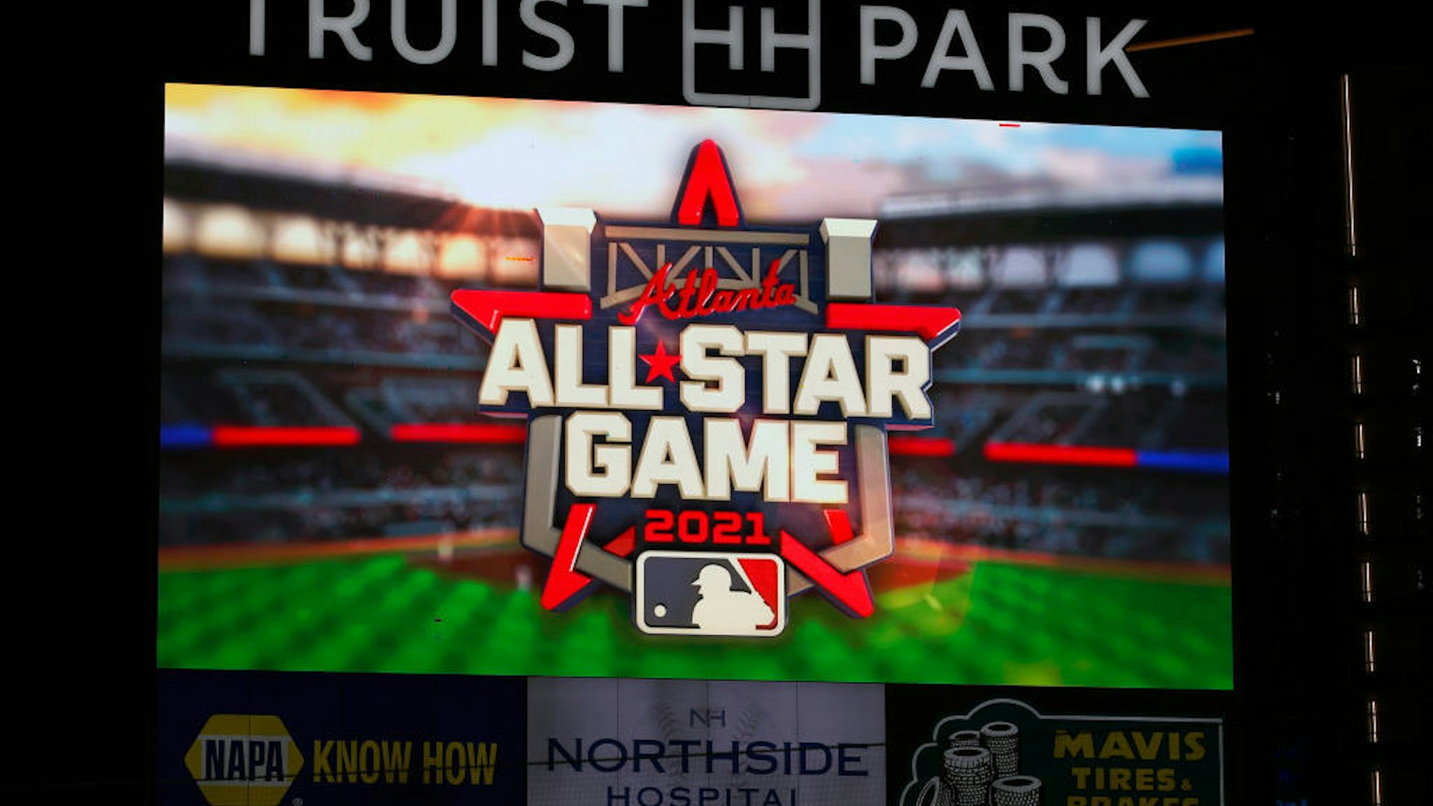 ATLANTA, GA - SEPTEMBER 24: The 2021 All Star Game Logo is displayed on the screen prior to the game between the Miami Marlins and Atlanta Braves at Truist Park on September 24, 2020 in Atlanta, Georgia. (Photo by Todd Kirkland/Getty Images) *** Local Caption ***
