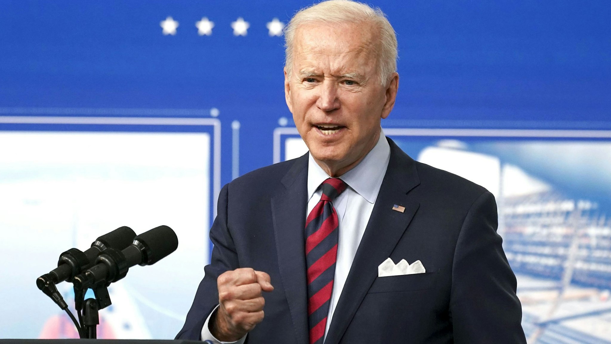 U.S. President Joe Biden speaks in the Eisenhower Executive Office Building in Washington, D.C., U.S., on Wednesday, April 7, 2021. Biden promoted his $2.25 trillion infrastructure plan and described its passage as urgent to keep the U.S. competitive against China.